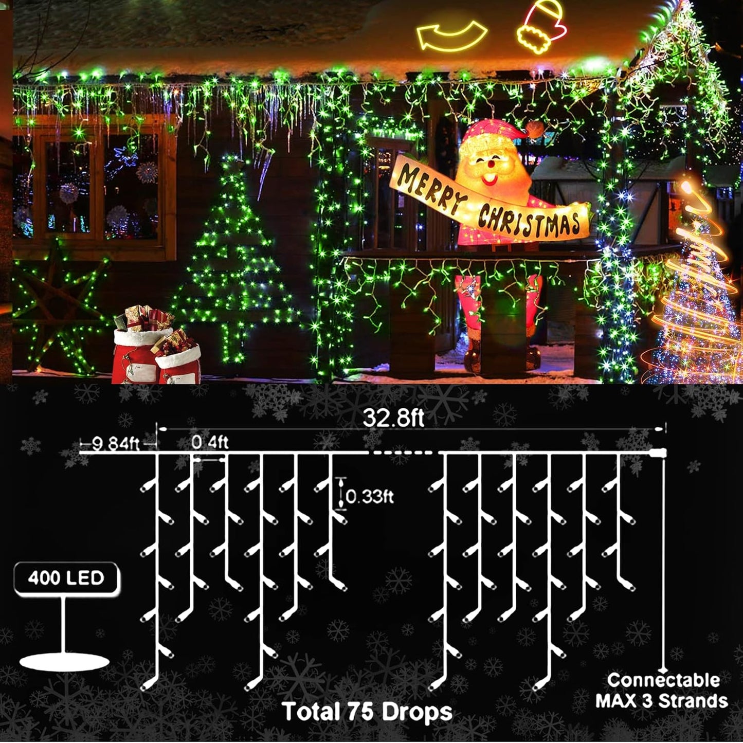 KNONEW Christmas Lights Outdoor Decorations 400 LED 33ft 8 Modes Curtain Fairy String Light with 75 Drops, Clear Wire LED String Light Indoor Decor for Wedding