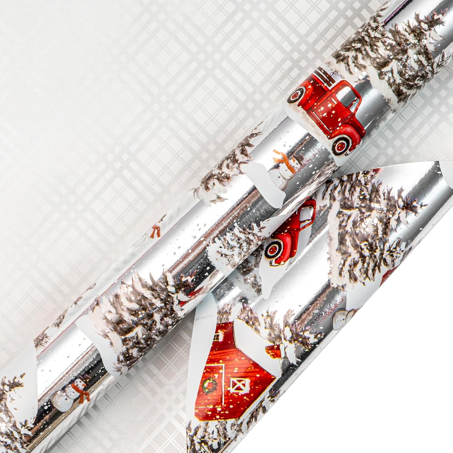 LeZakaa Christmas Silver Wrapping Paper Mini Roll for Boy Kid, Red Truck, Snowy Pine Forest & Grid Plaid, Silver Foil Reversible Design for Winter Holiday Family Gathering, 17 inches x 32.8 Feet