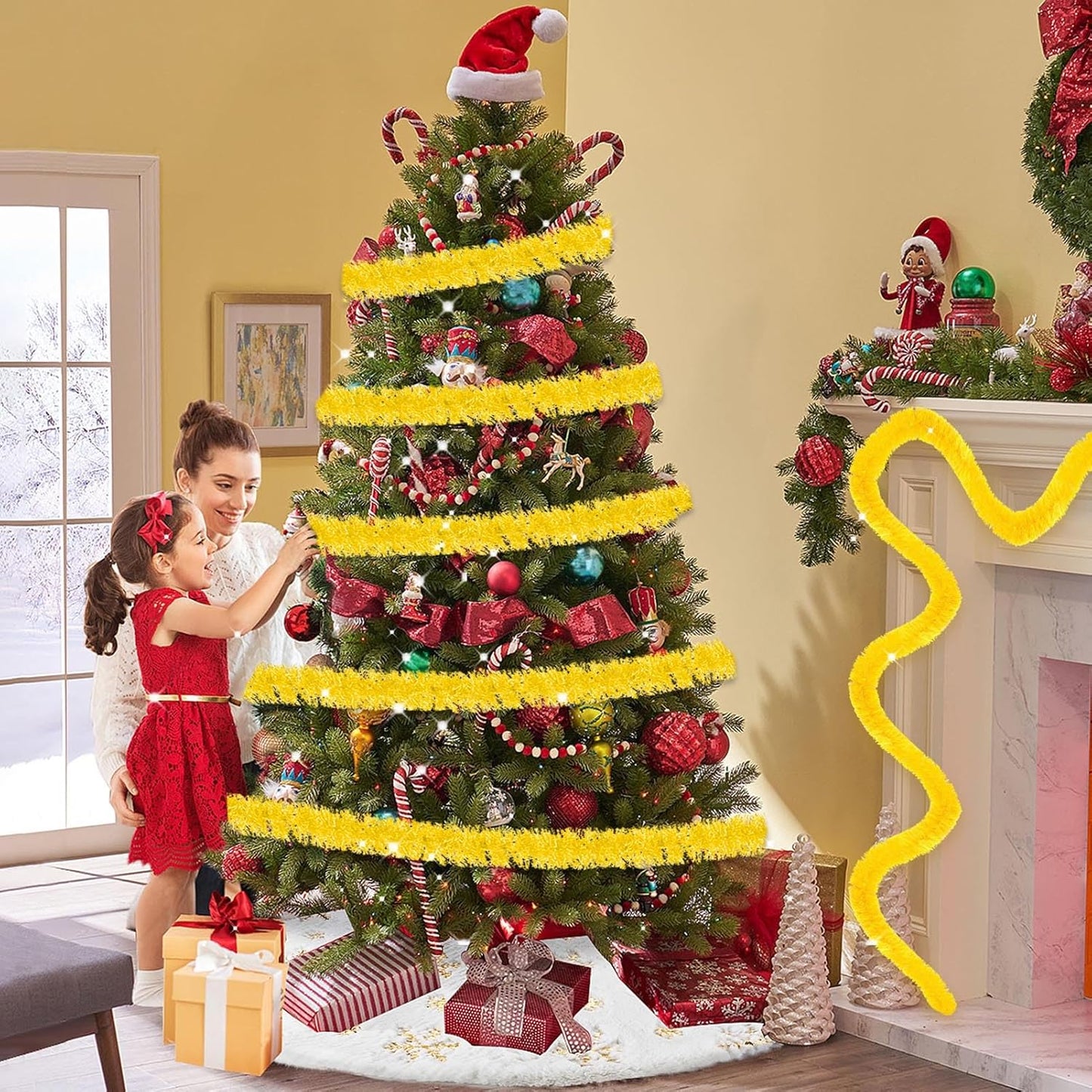 25 Feet Metallic Twist Tinsel Garland Backdrop for Parade Floats, Christmas Eve, New Year, Valentine's Day Party Decorations (Macaron Yellow, 4in x 25ft)
