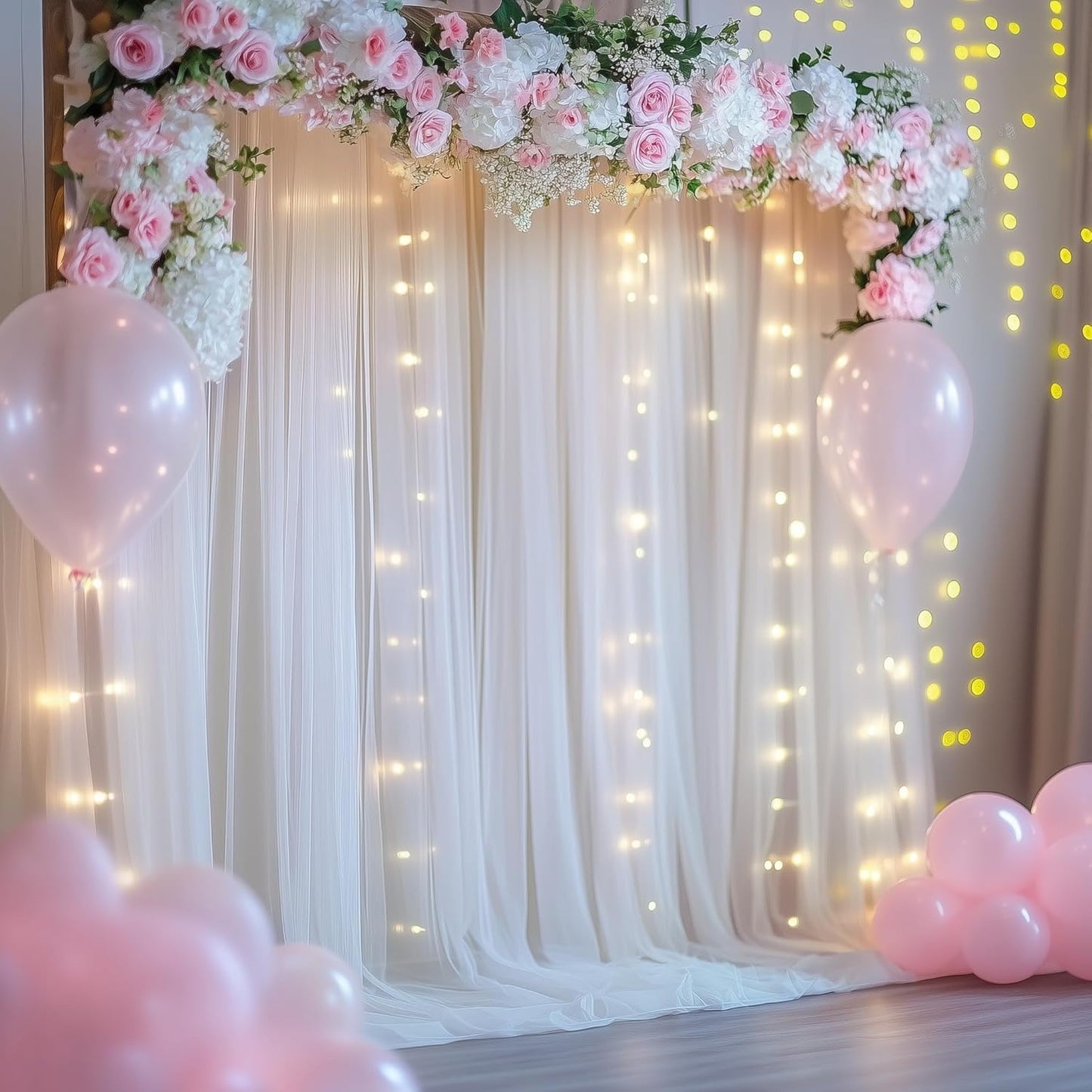 Tulle Backdrop Curtain with Lights String 20 X 8FT Ivory Sheer Tulle Backdrop Curtains for Wedding Birthday Party Reception Photo Booth Background Decorations (4 Panels 5x8FT)