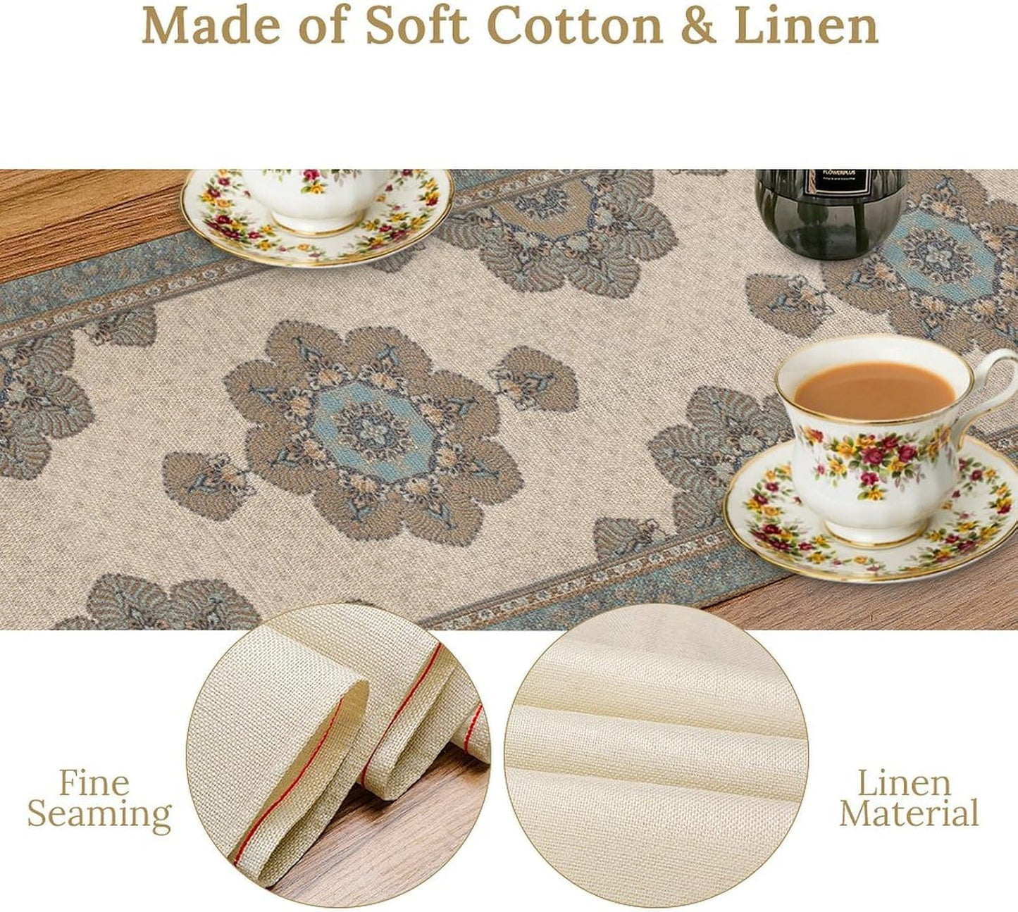 Boho Bohemia Style Table Runner, Vintage Teal Brown Retro Flower Rustic Country Style Floral Print Pattern for Home Kitchen Table Decor Dining Coffee Room Garden Party Decor 13x36in