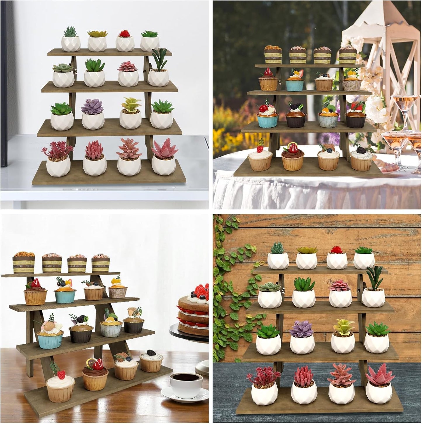 ZYP 4 Tier Wood Cupcake Display Stand Tool Free Retail Cookie Display Riser,Rustic Tiered Table Display Stand for Vendors Home Wedding Party,Brown