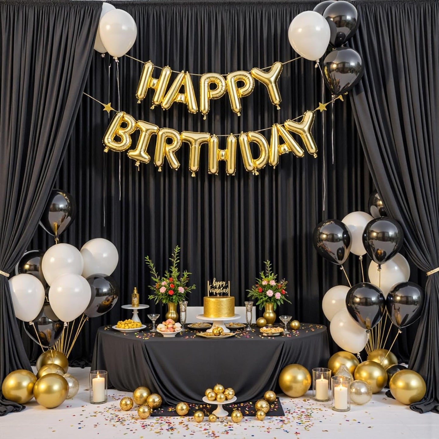 50ftx10ft Wrinkle Free Black Backdrop Curtain for Parties, 10 Panels 5x10ft Silky Photo Backdrop Drapes Back Drop Cloth for Wedding Birthday Photography Background Photoshoot Decor