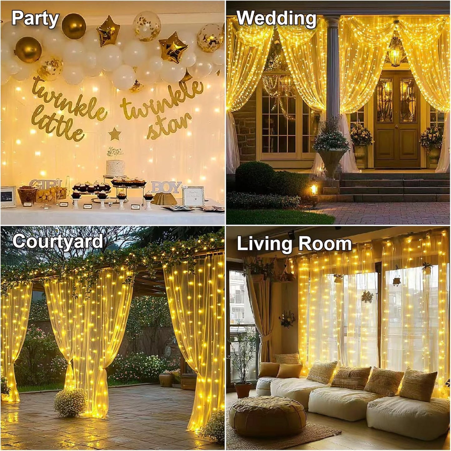 HXWEIYE 300LED Fairy Curtain Lights, 9.8x9.8Ft USB Plug-in 8 Modes Christmas String Hanging Lights with Remote for Bedroom Backdrop Wedding Party Indoor Wall Decor, Warm White(2 Pack)