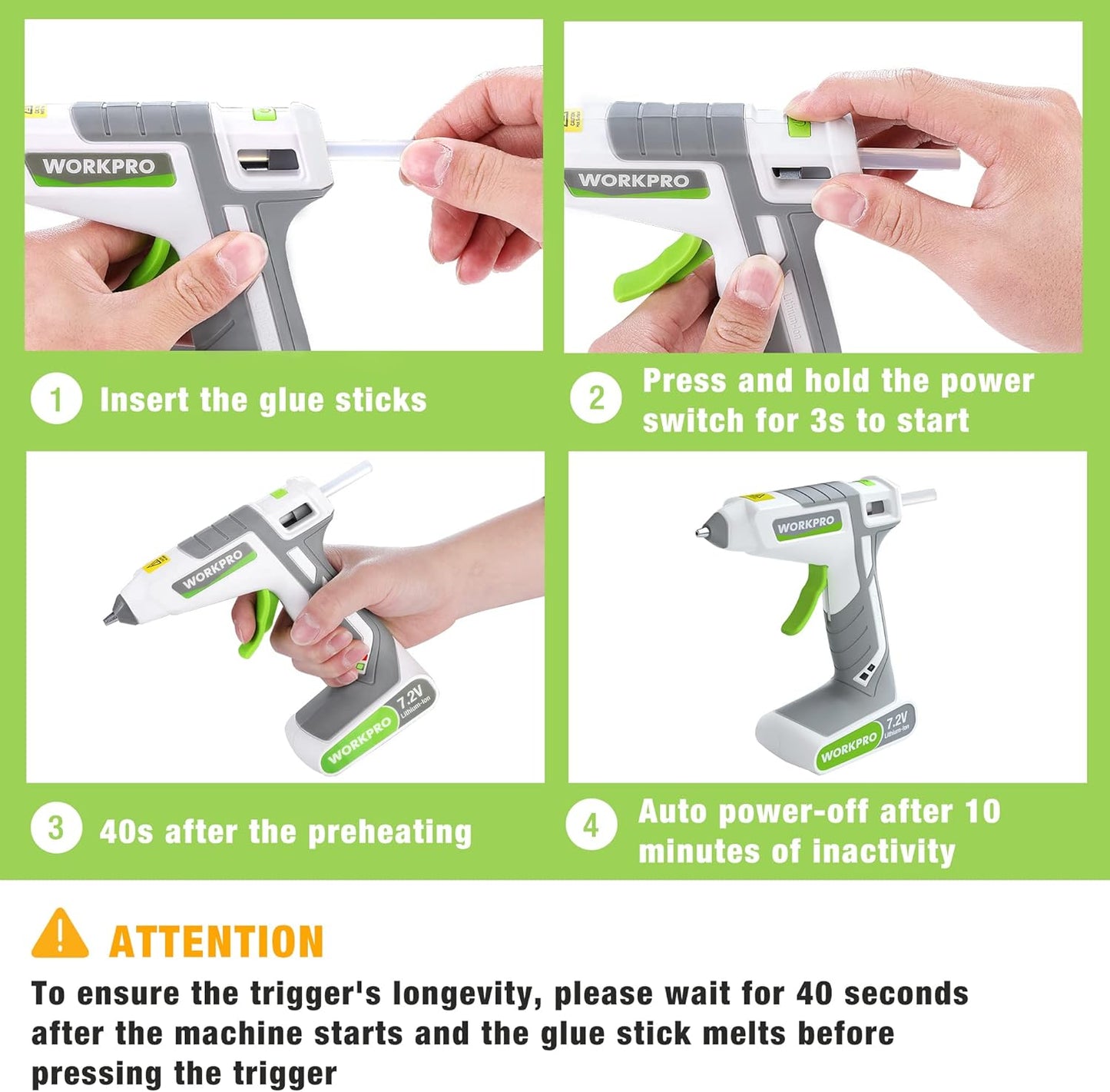 WORKPRO 7.2V Cordless Hot Melt Glue Gun, Rechargeable Fast Preheating Glue Gun Kit with 20 Pc Premium Mini Glue Stick, Automatic-Power-Off for Art, Craft, Decoration, USB Type-C Cable Included