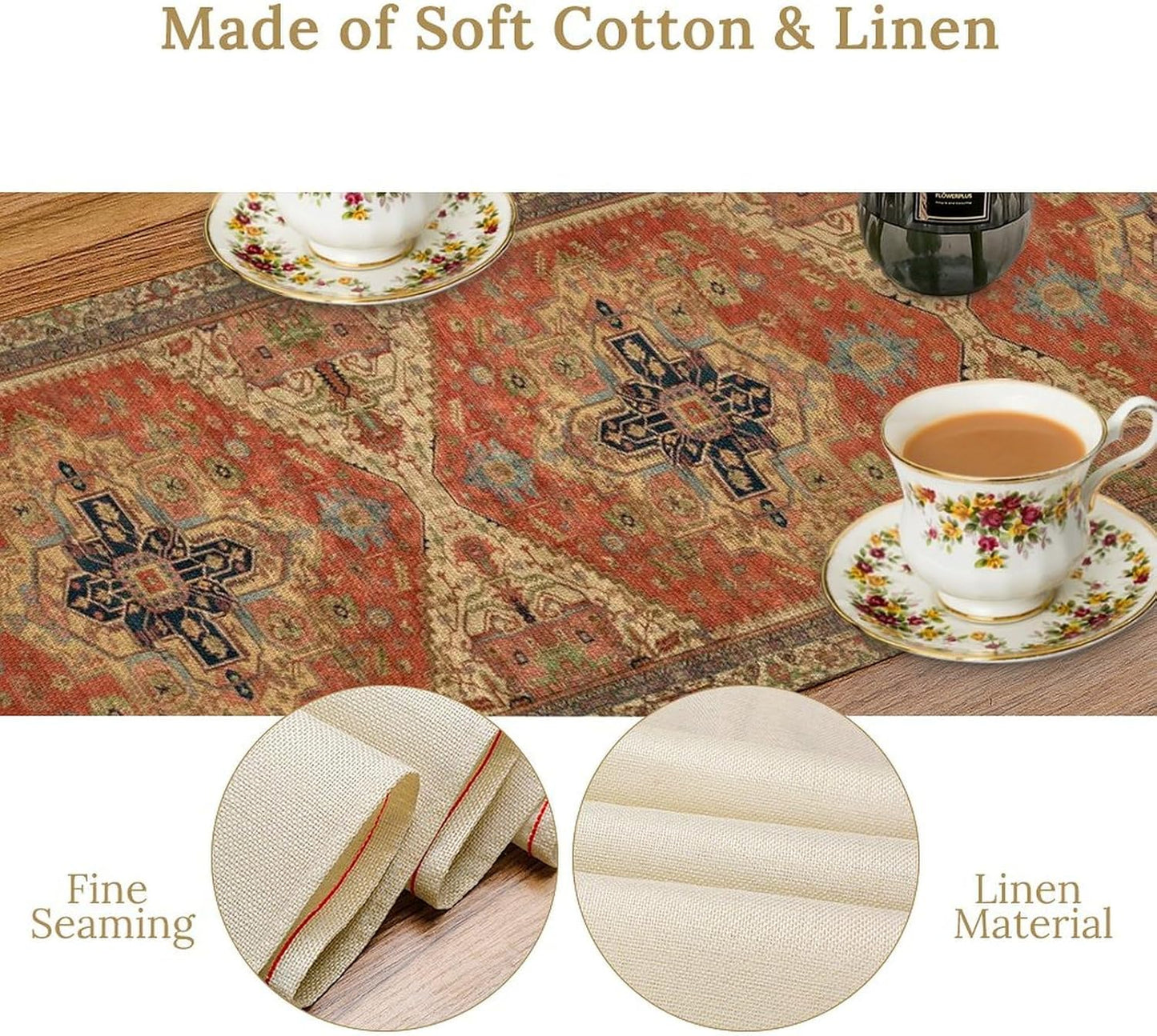 Vintage Boho Floral Table Runner, Rustic Country Farmhouse Orange Yellow Grey Retro Flower Pattern for Home Kitchen Table Decor Dining Coffee Room Party Decor 13x90in