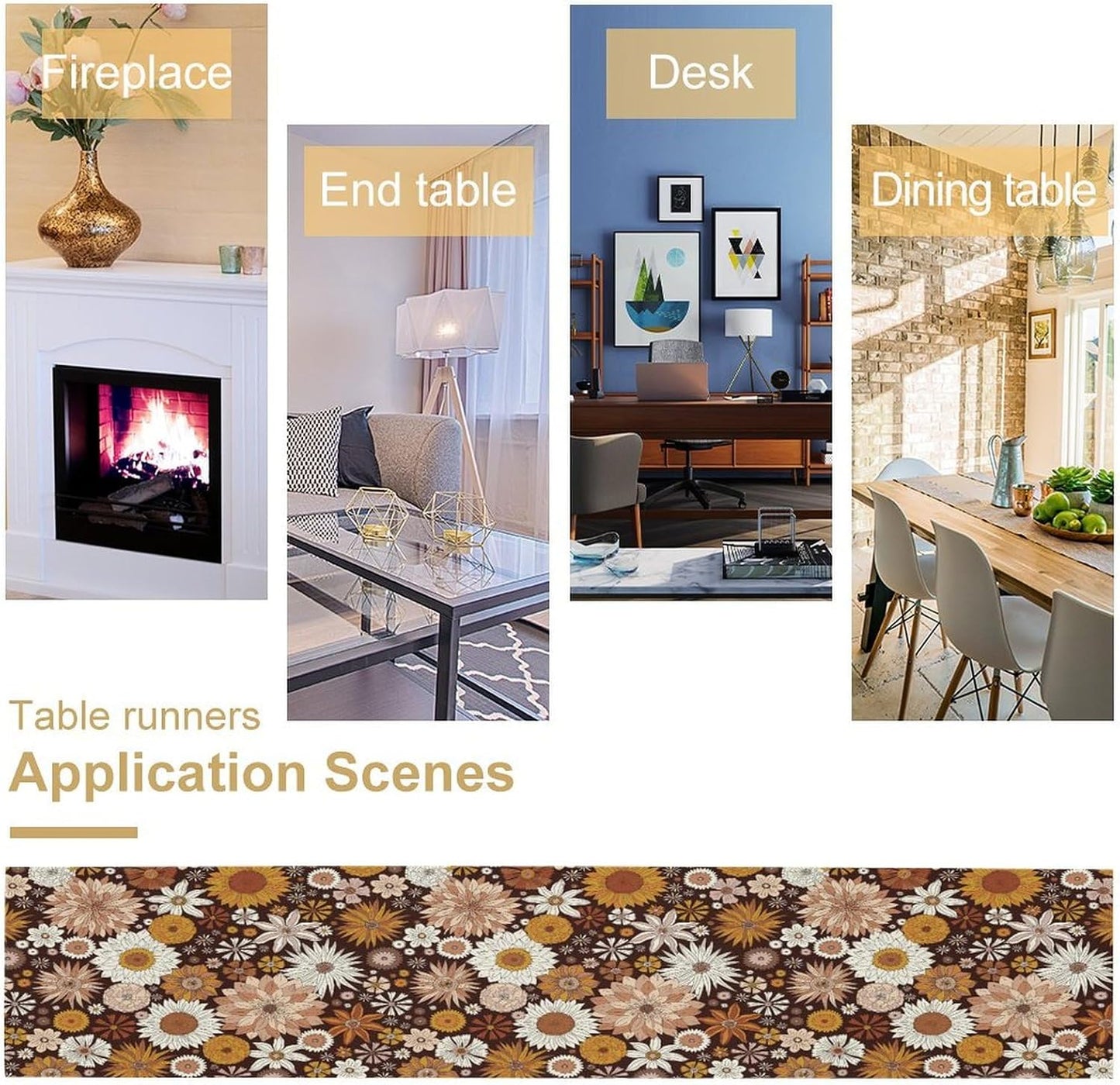 Boho Floral Table Runner, Vintage Country Farmhouse Daisy Flowers Modern Kitchen Dining Room Decoration for Indoor and Outdoor Wedding Party Banquet Table Runner 13x60 Inch