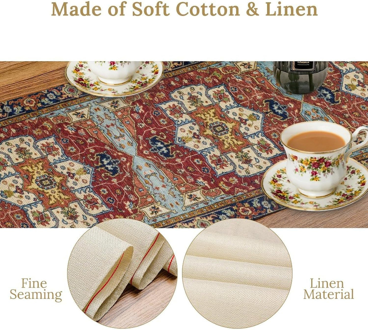 Vintage Boho Floral Table Runner, Rustic Country Farmhouse Red Blue Gold Retro Flower Pattern for Home Kitchen Table Decor Dining Coffee Room Party Decor 13x108in