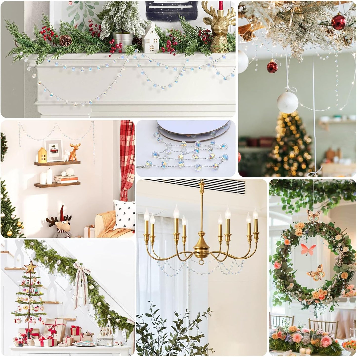 Christmas Garland, 9.8Ft Crystal Glass Beads Strands, 100pcs 10mm Faceted Waterdrop Glass Beads Hanging Ornament for Christmas Tree Centerpieces Wedding Party Decorations (Crystal AB)