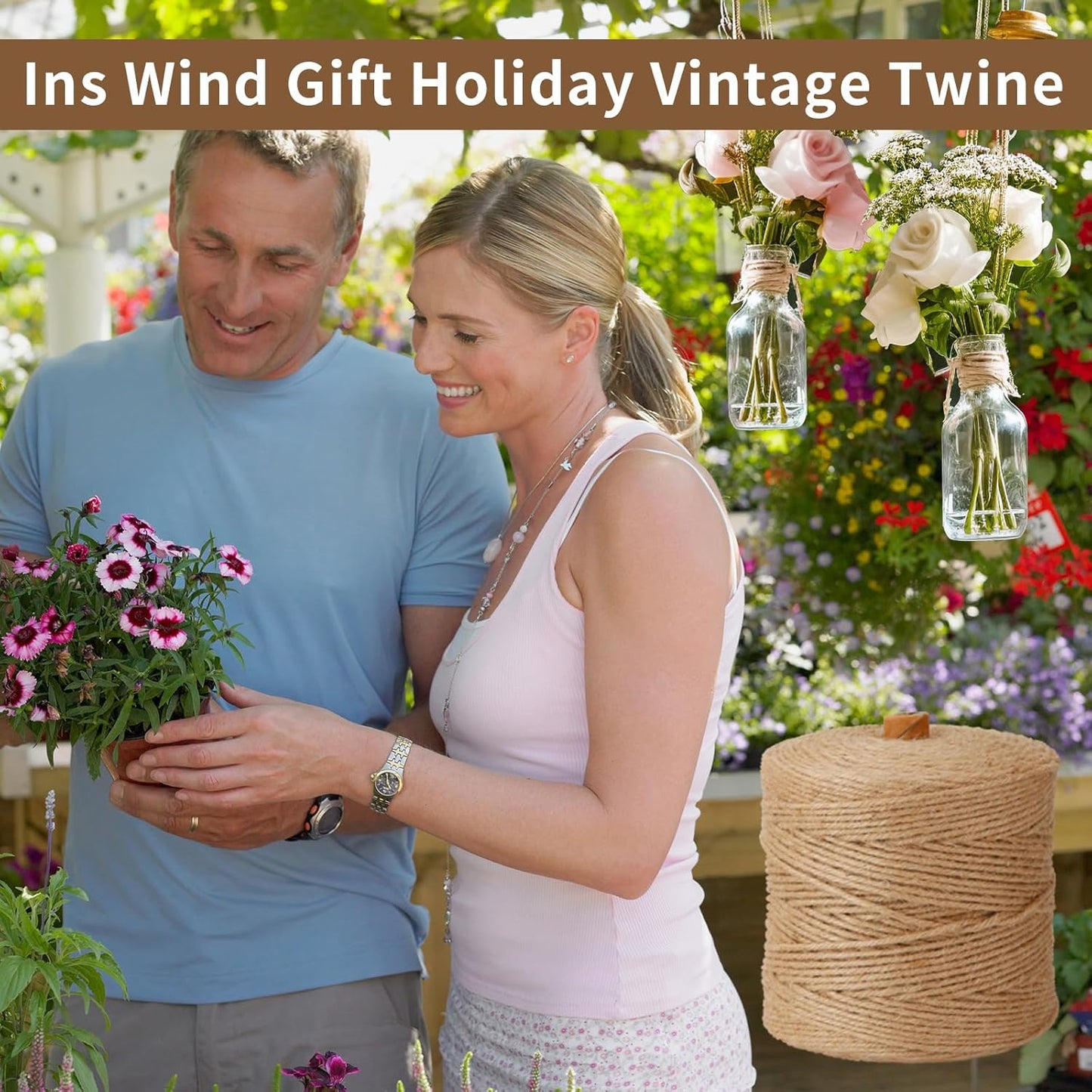 Natural 3mm Jute Twine String, 1000-FT Hemp Rope for Gardening, Handmde Crafts, Climbing Plant Tomato Support, Gift Wrapping, Industrial Packing and Bundling, Home Mason Jars Christmas Wedding Décor