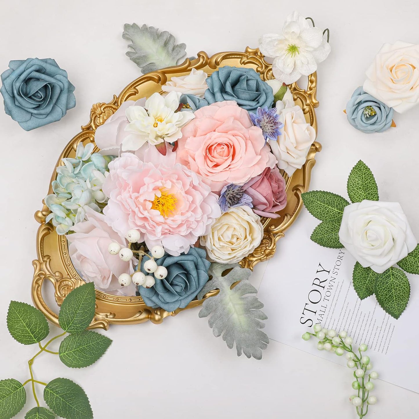 AmyHomie Blue Pink Artificial Flowers Combo Silk Mix Peony Rose Hydrangea Daisy Fake Flowers w/Stem for DIY Wedding Bouquets Centerpieces Arrangements Table Decor Party Bridal Baby Shower Home Decor