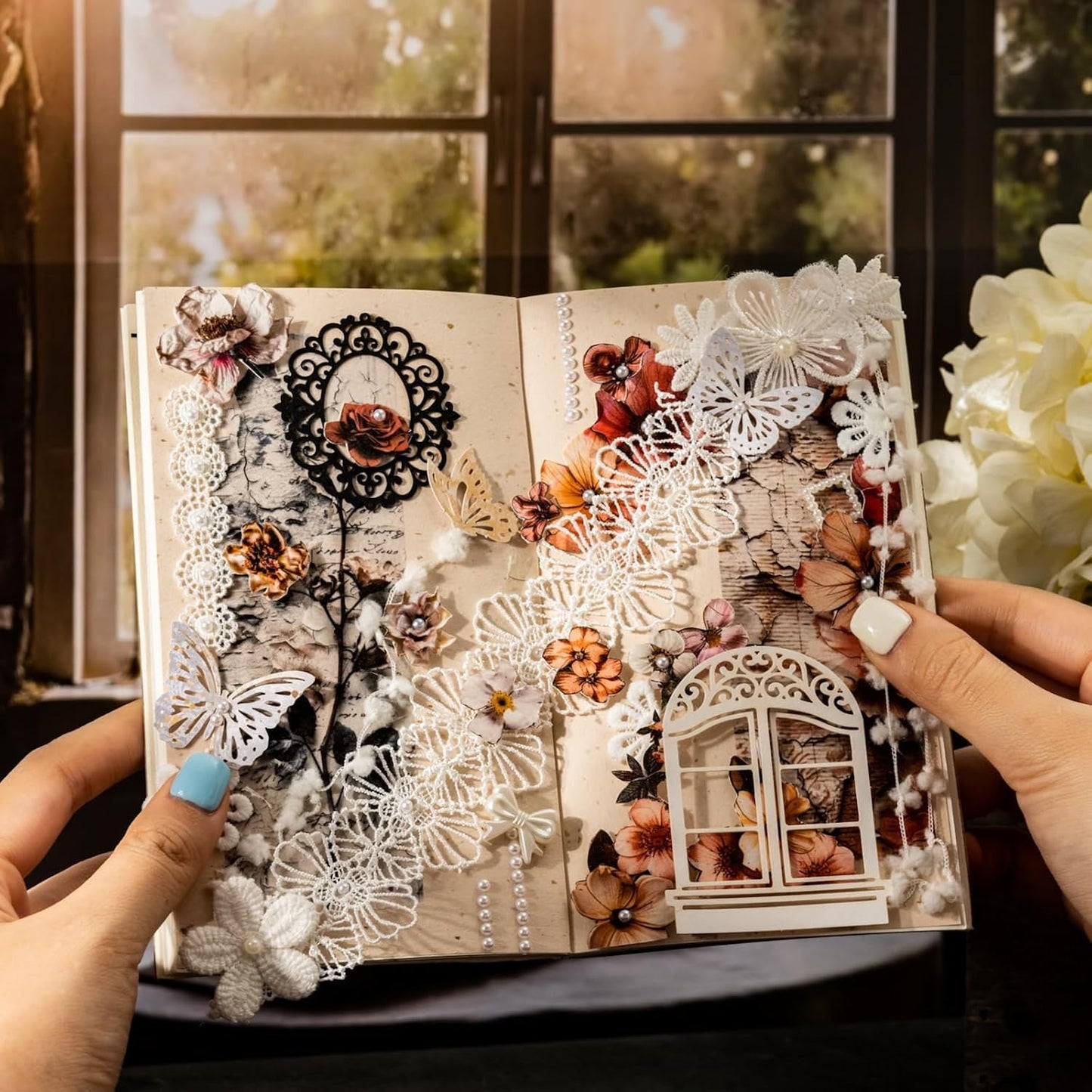 Vintage Floral Washi Tape Set – 6 Rolls, 2M Non-Repeating Flower Collage Designs, Decorative Craft Tape for Scrapbooking, Journals, Planners with Accessory Clip Included