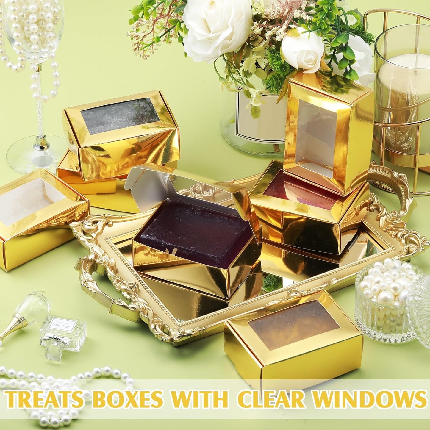 Zonon 30 Pcs Soap Boxes for Homemade Packaging, Mini Kraft Treat Boxes with Window for Bakery Candy Soap Making Gift Packaging(3.7 x 2.6 x 1.37 Inch,Gold)