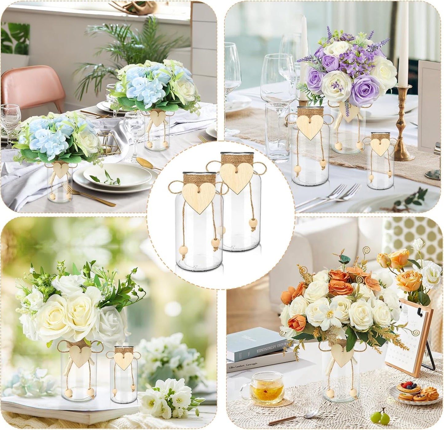 Vintage Glass Vases for Flowers, Set of 6 Mason Jar Vase Table Centerpieces for Farmhouse Room Decor, Wedding, Bridal Shower Bud Vase Set (Small)