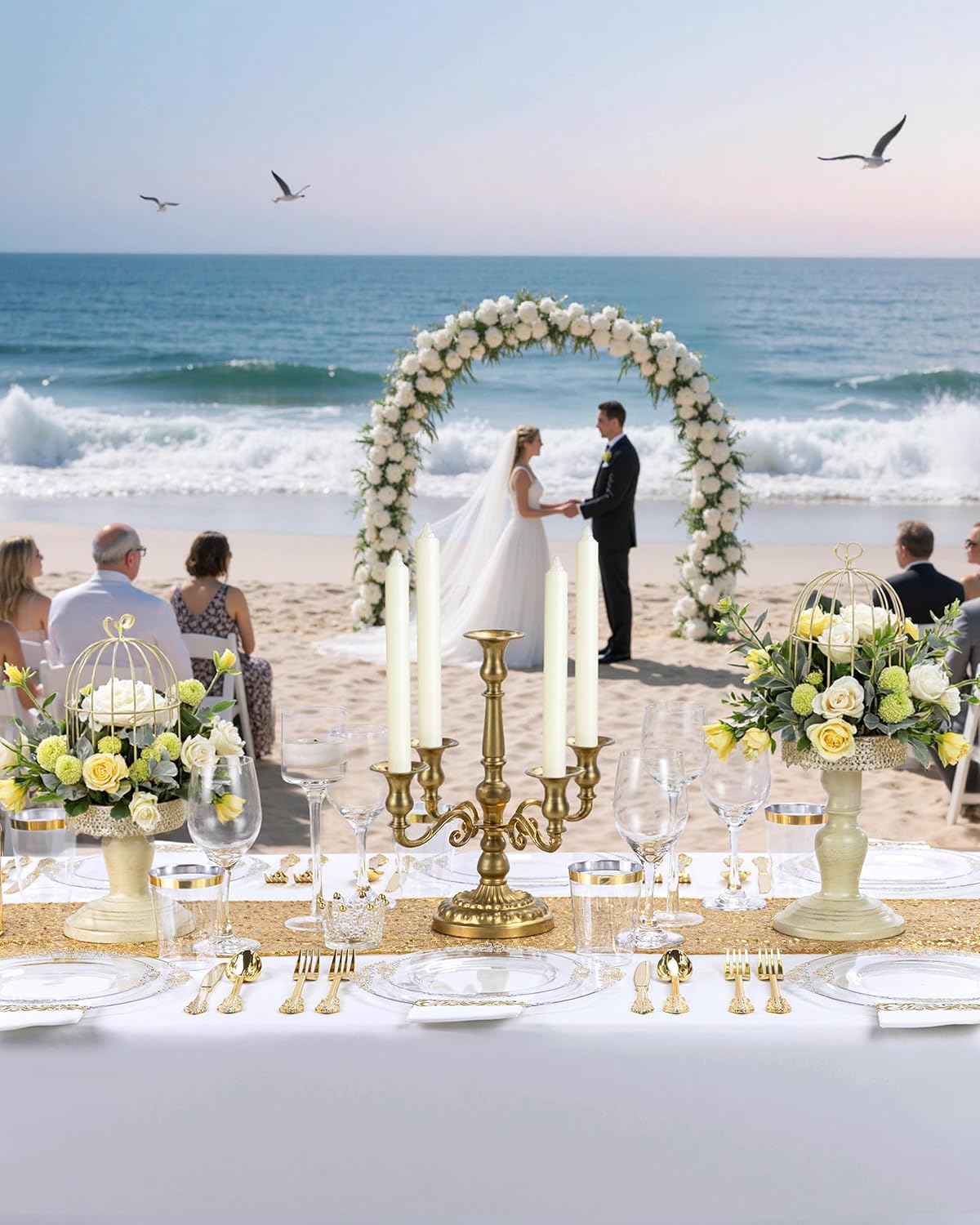 Nervure 350PCS Clear Gold Plastic Plates - Gold Plastic Dinnerware Sets for 50 Guests - 100 Disposable Plates, 150 Silverware, 50 Cups, 50 Napkins for Wedding & Party & Thanksgiving