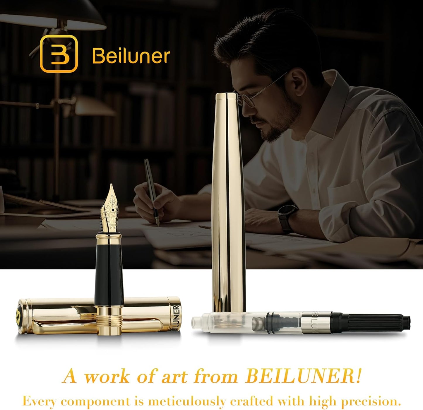 BEILUNER Gold Fountain Pen,Stunning Luxury Pens with 24K Gold Finish, Gorgeous 24K Gilded Nib(Medium), Fancy Pen Gift Set for Men&Women -Ink Converter-Elegant,Office,Nice Pen for Writing