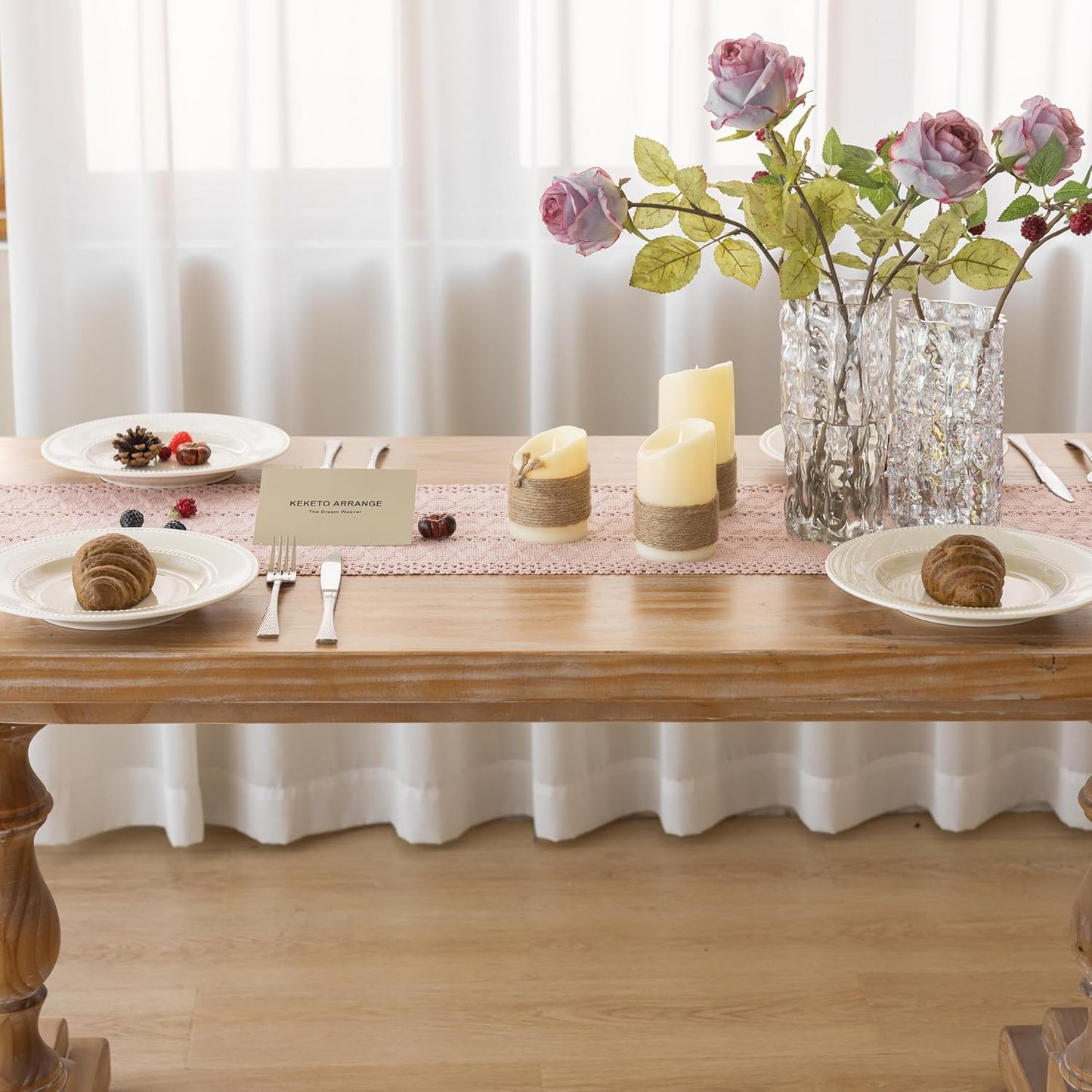 Boho Pink Table Runner for Home Decor 12x72 Inches Farmhouse Macrame Burlap Jute Rustic Dining Kitchen Centerpiece Bohemian Decor French Country Baby Bridal Shower Decorations