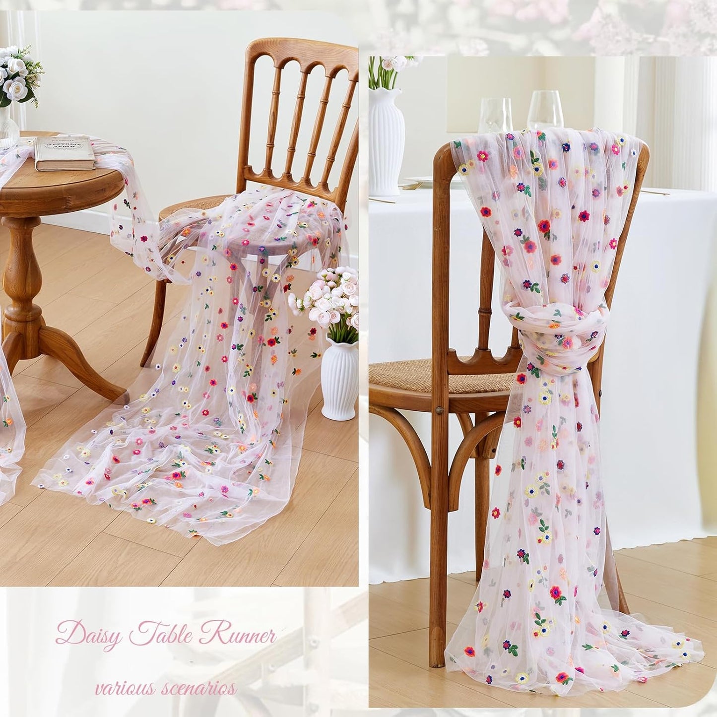 JIALE Pink Floral Table Runner, Embroidery Daisy Seasonal Table Decorations, 120Inch 10FT Tulle Fabric for Home Decor, Bridal Shower Wedding, Baby Shower Parties, DIY Craft