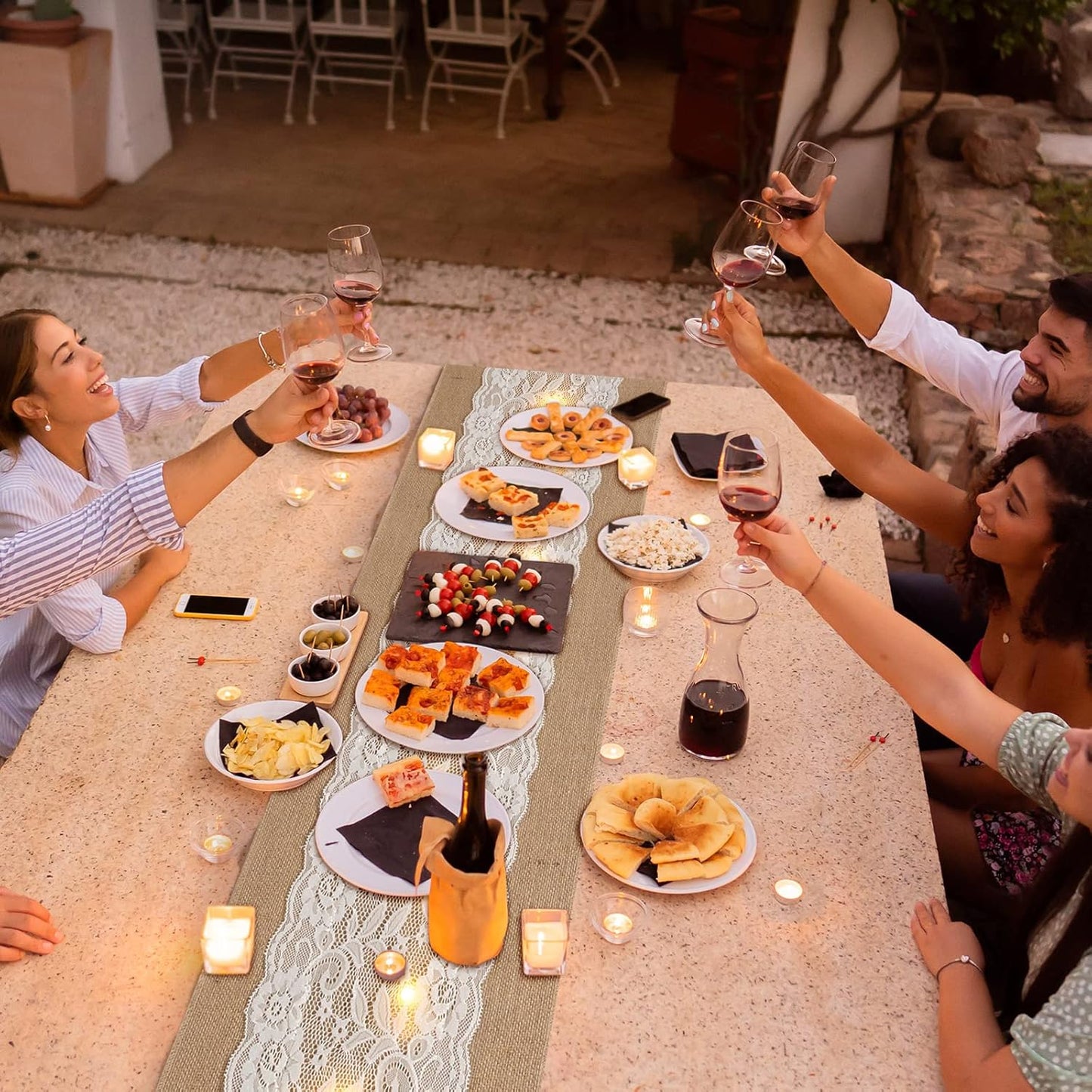 Tudomro 12 Pcs Burlap Table Runner with LED String Lights 12 x 108 Inches Rustic Jute Lace Table Runners Farmhouse Jute Linen Decoration Wedding Decor for Holiday Party Wedding Decorations