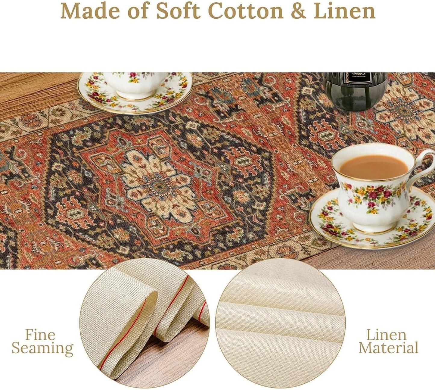 Vintage Boho Floral Table Runner, Rustic Country Farmhouse Orange Black Retro Flower Pattern for Home Kitchen Table Decor Dining Coffee Room Party Decor 13x120in