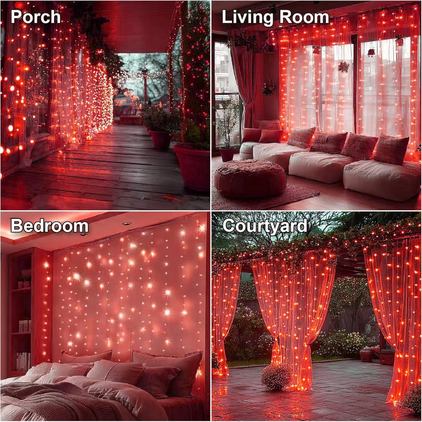 HXWEIYE 300LED Fairy Curtain Lights, 9.8x9.8Ft USB Plug-in 8 Modes Christmas String Hanging Lights with Remote for Bedroom Backdrop Wedding Party Indoor Wall Decor, Red