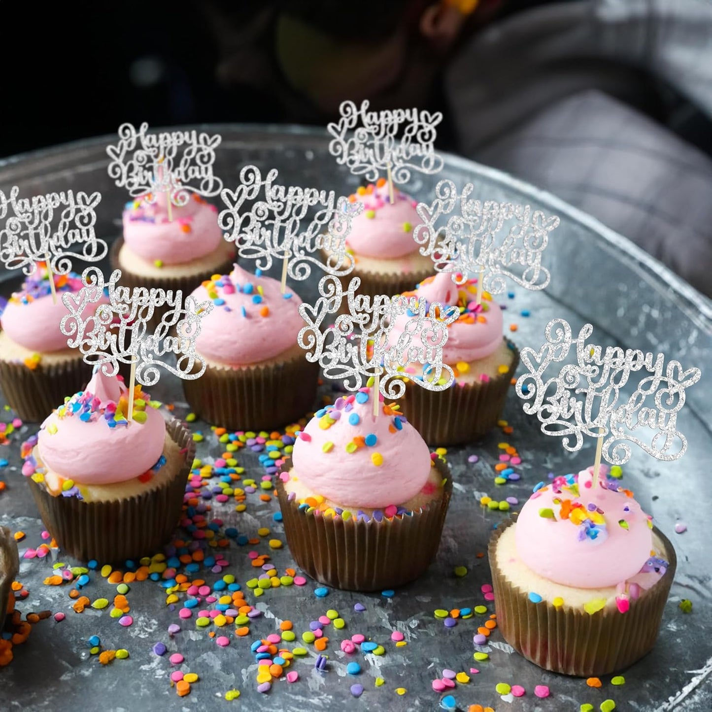 Gyufise 24Pcs Happy Birthday Cupcake Toppers Glitter Happy Birthday Cupcake Picks for Celebrating Happy Birthday Party Decor Anniversary Theme Party Cake Decorations Supplies Silver