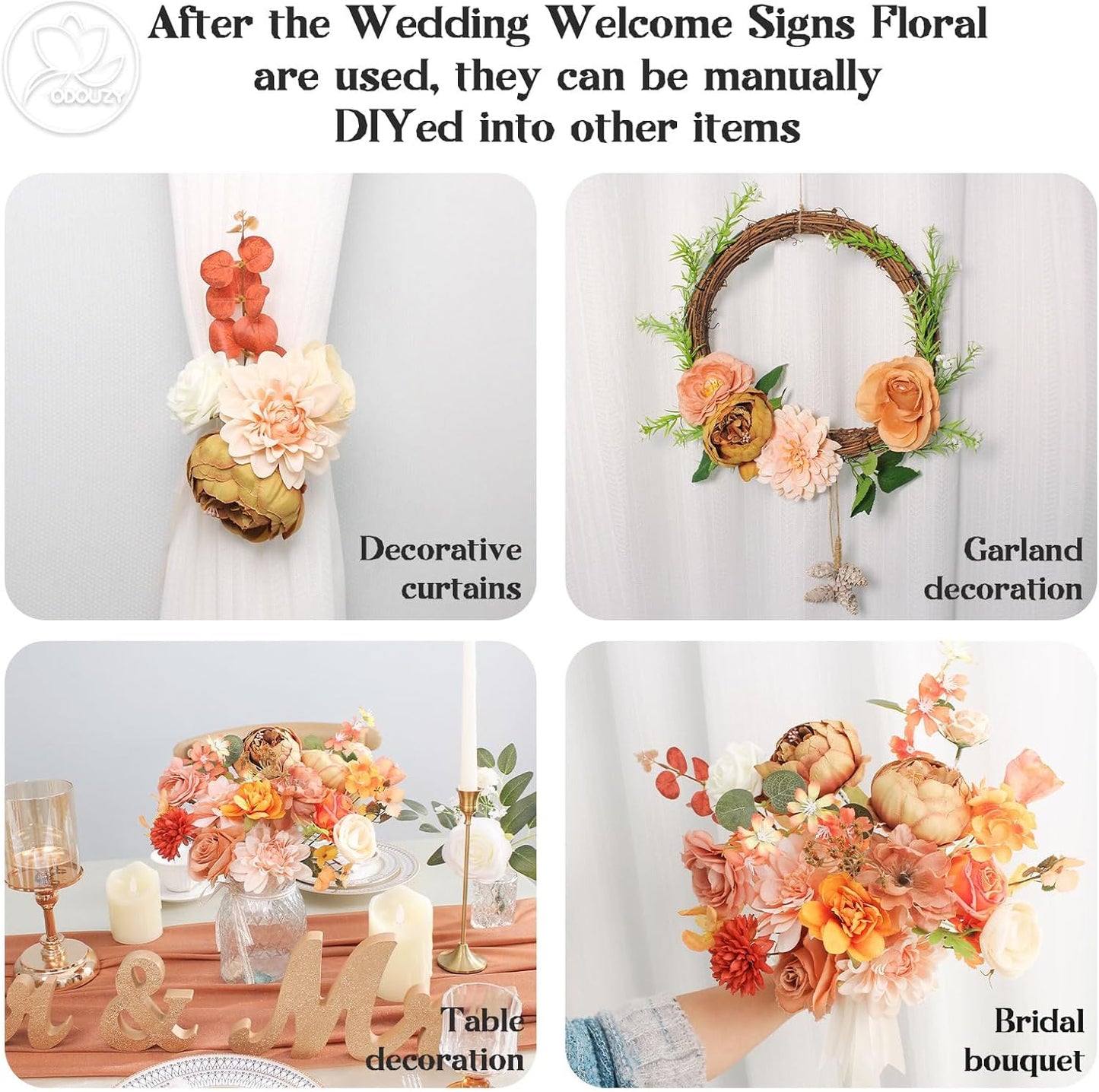 Wedding Arch Flowers Kit,Artificial Flower Arch Decor (Set of 3),2pcs Artificial Flower Arrangement with 1pc Sheer Drape for Wedding Decor Reception Backdrop Floral Decorations (Autumn Orange)