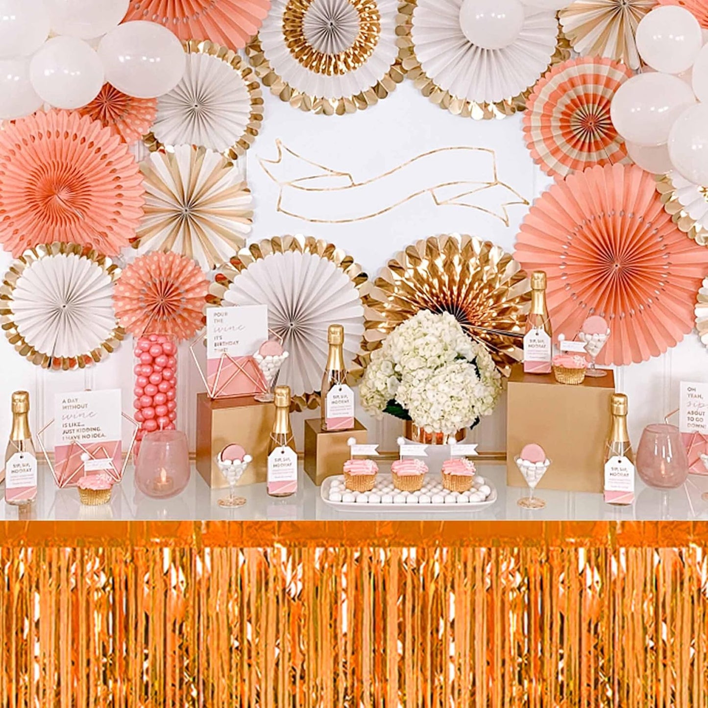 3 Pack Orange Foil Fringe Table Skirts Metallic Tinsel Streamers Garland Banner Backdrop for Table Decor, Parade Float, Birthday, Wedding, Halloween, Christmas Party Decorations(29x108 In)