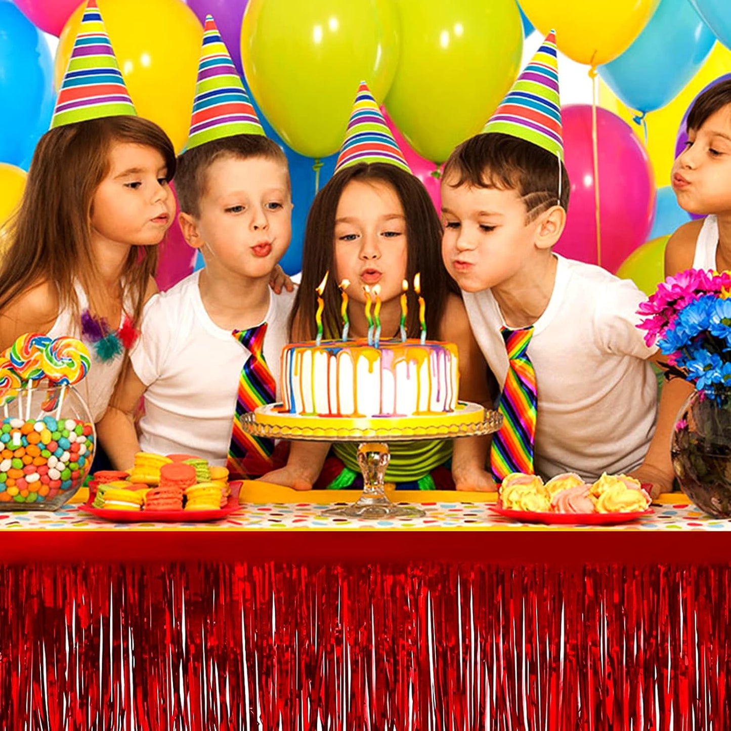 4 Pack 29x108 Inch Metallic Foil Fringe Tinsel Table Skirts for Rectangle Tables Streamer Backdrop for Wedding, Birthday, Parade Floats, Christmas, Halloween Party Decoration(Red)