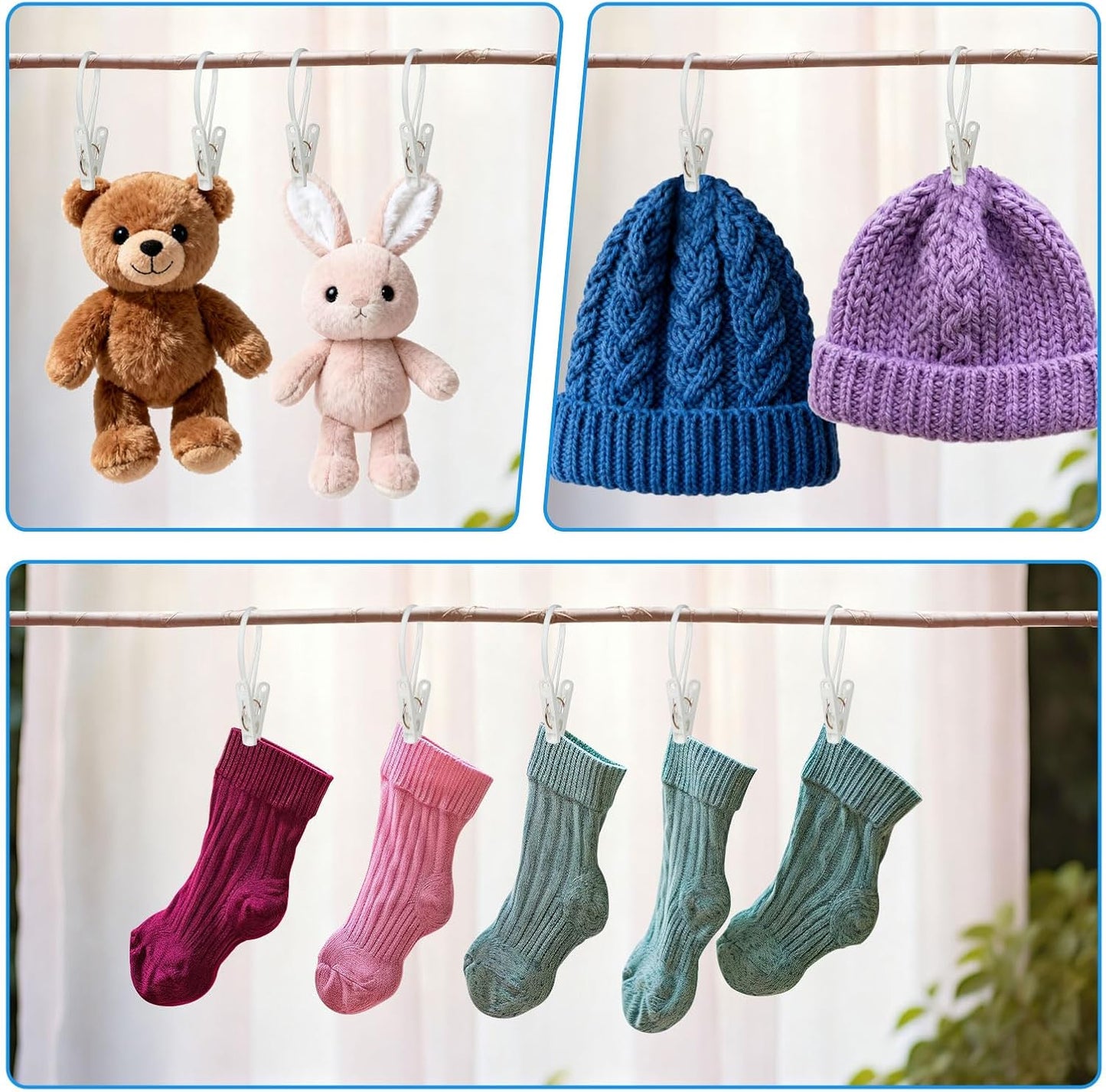 60 Pack Clothes Pins with Plastic Rope,Multi-Purpose Clips for Hanging,Windproof Plastic Clothespins for Hanging Baby Clothes,Socks,Hats, Pants, Bras, Underwears,Towels,Photos,White