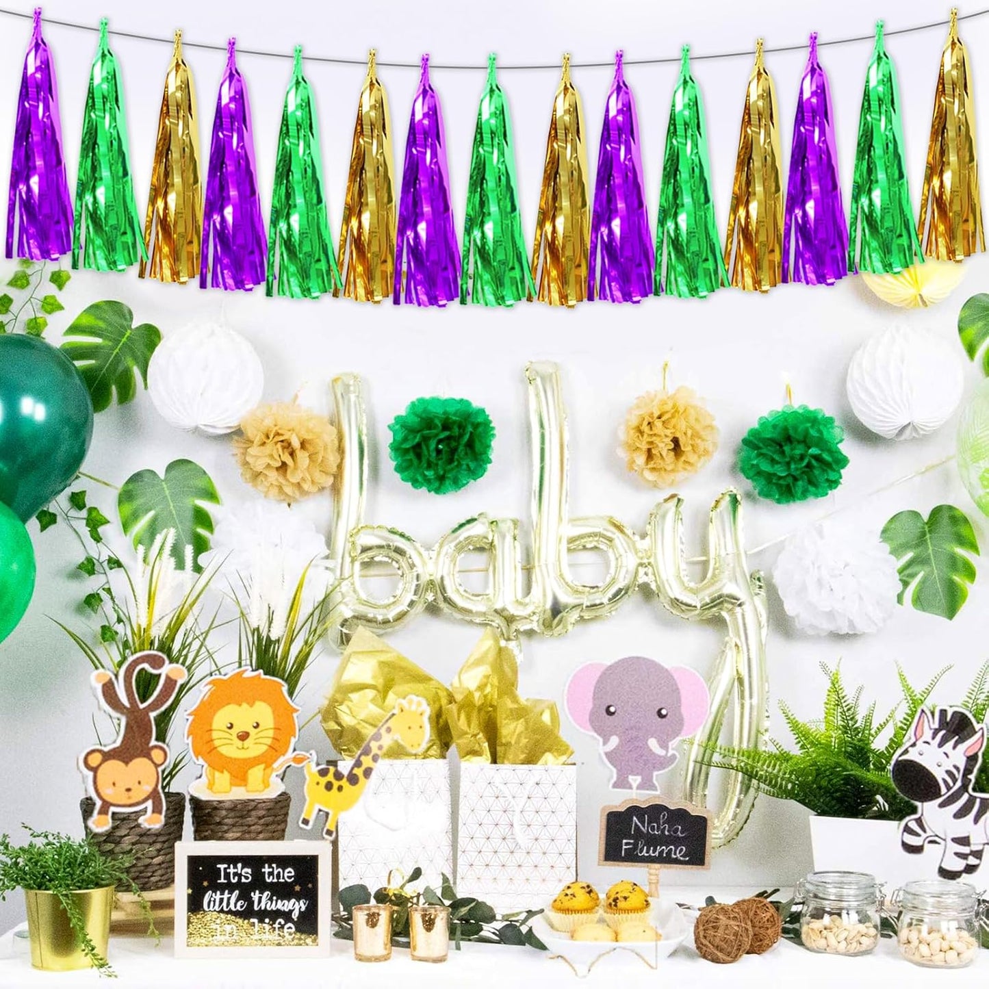 6P Purple Green Gold Foil Fringe Metallic Tassel Streamers Banner Tassel Garland for Parade Floats, Bachelorette, Wedding, Birthday, Graduation, Christmas, Bridal/Baby Shower Party Decorations