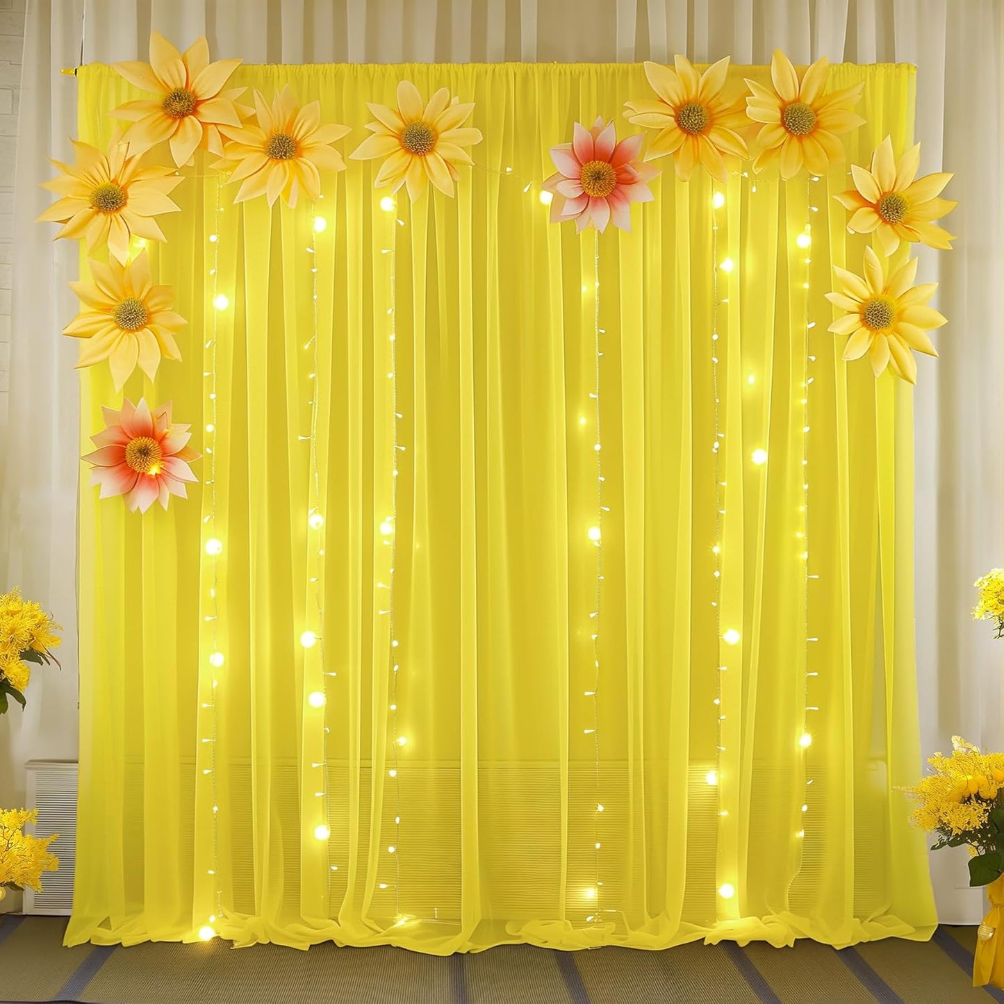 10ft x 10ft Yellow Backdrop Curtain Drapes, Wrinkle-Free Sheer Chiffon Fabric Photo Backgroud Panels for Wedding Arch Party Ceremony Stage Photography Decoration