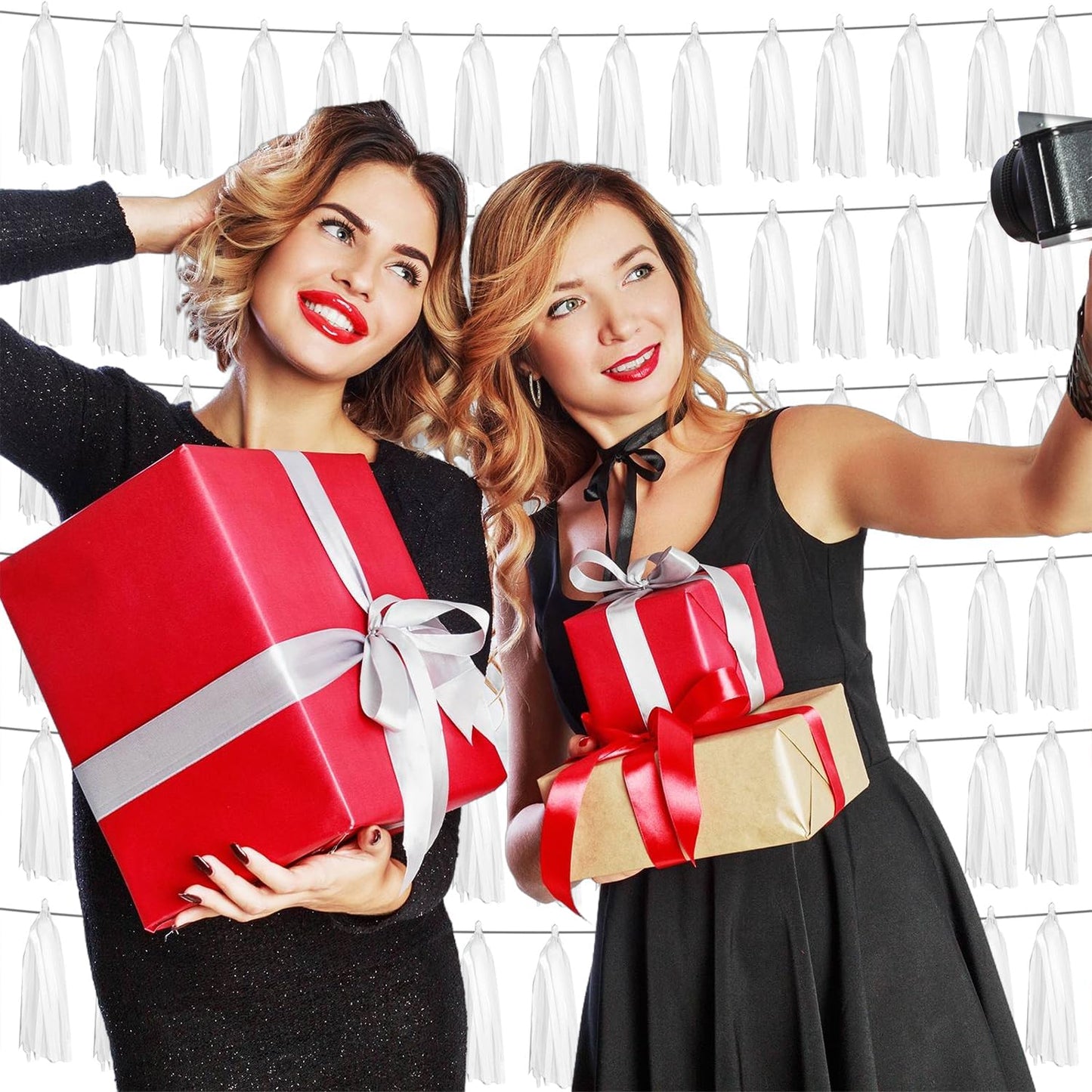 6P White Foil Fringe Metallic Tassel Streamers Banner Tassel Garland for Parade Floats, Graduation, Wedding, Birthday, Graduation, Christmas, Bridal/Baby Shower Party Decorations