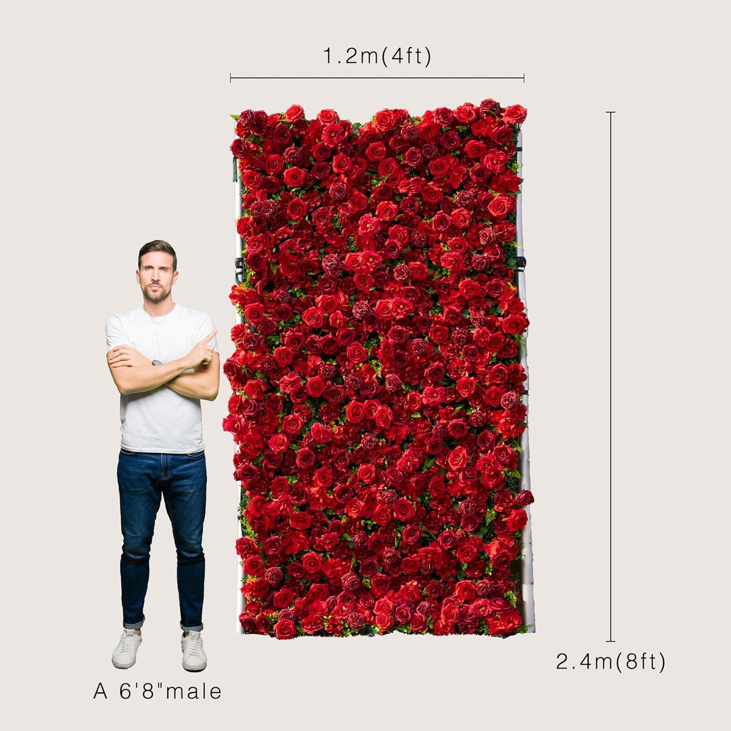 Artificial Flower Wall Panels, Luxury 5D Silk Red Rose Backdrop Decor for Wedding Celebrations, Festive Party and Home Decorating, Quick Assembly and Storage, both Eco & Pet Friendly, 4ft*8ft.