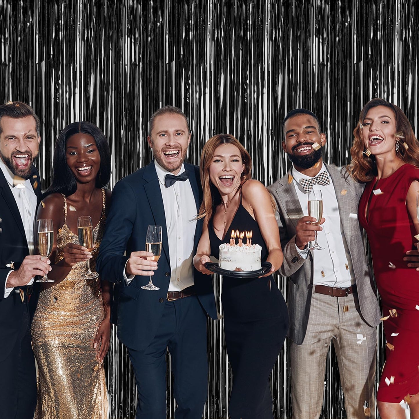 2 Pack Black Streamers Party Decorations Black Tinsel Backdrop Supplies Foil Curtain Backdrop for Baby Shower Birthday Bachelorette Wedding Engagement Holiday Celebration Halloween Party Decorations