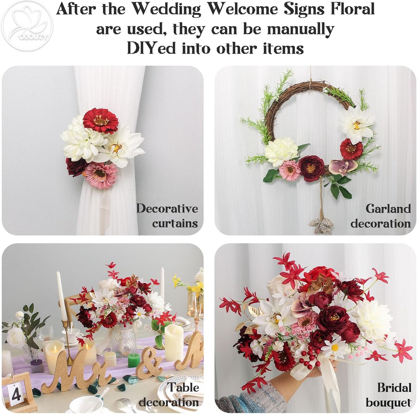 Wedding Arch Flowers Kit,Artificial Flower Arch Decor (Set of 3),2pcs Artificial Flower Arrangement with 1pc Sheer Drape for Wedding Decor Reception Backdrop Floral Decorations (Wine Red)