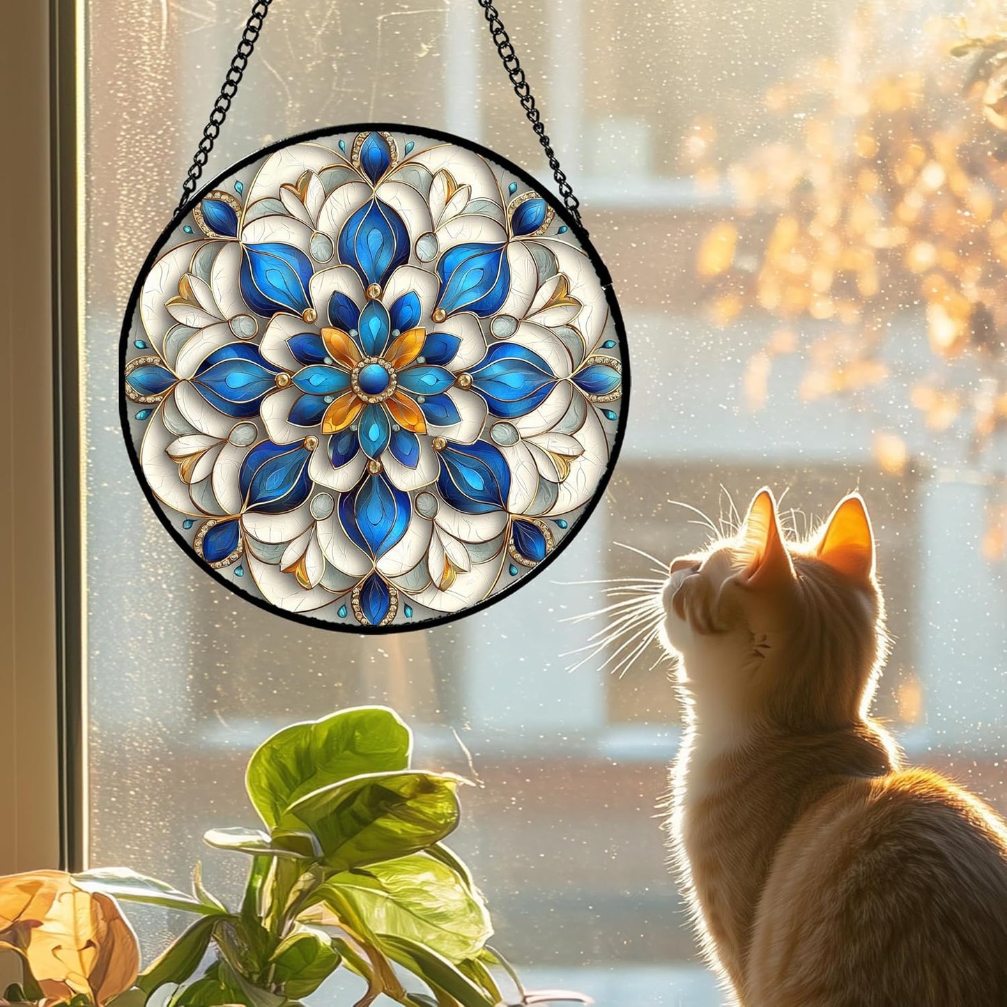 Stained Glass Window Hanging - Blue and White Abstract Flowers Suncatcher for Door Terrace Garden Home Decor, Gold Sun Catcher Birthday Gifts for Lovers Women Men Dad Mom Nana 15 in