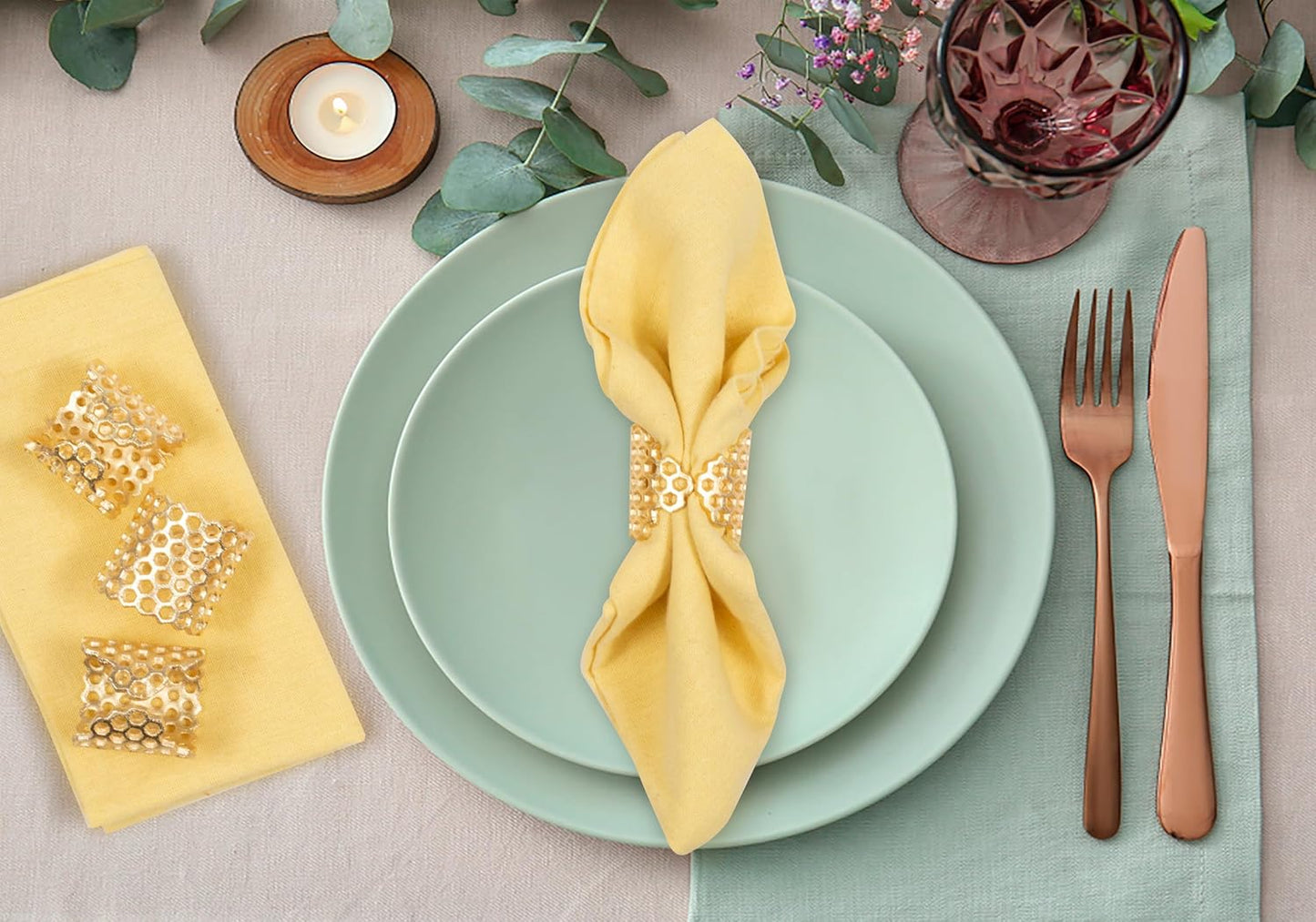 Gold Honeycomb Napkin Rings Set of 10 - Elegant Lightweight Metal Serviette Holders for Dining Table, Wedding, Party & Home Décor - CLEENTABLE