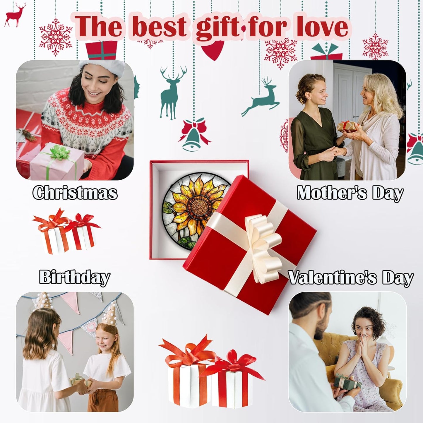 Stained Glass Window Hanging - Sunflower Flower Suncatcher Ready to Hang Window Doors Home Decoration and Christmas, Mother's Day Birthday Gifts for Women, Men, and Mom 11.8x11.8 in