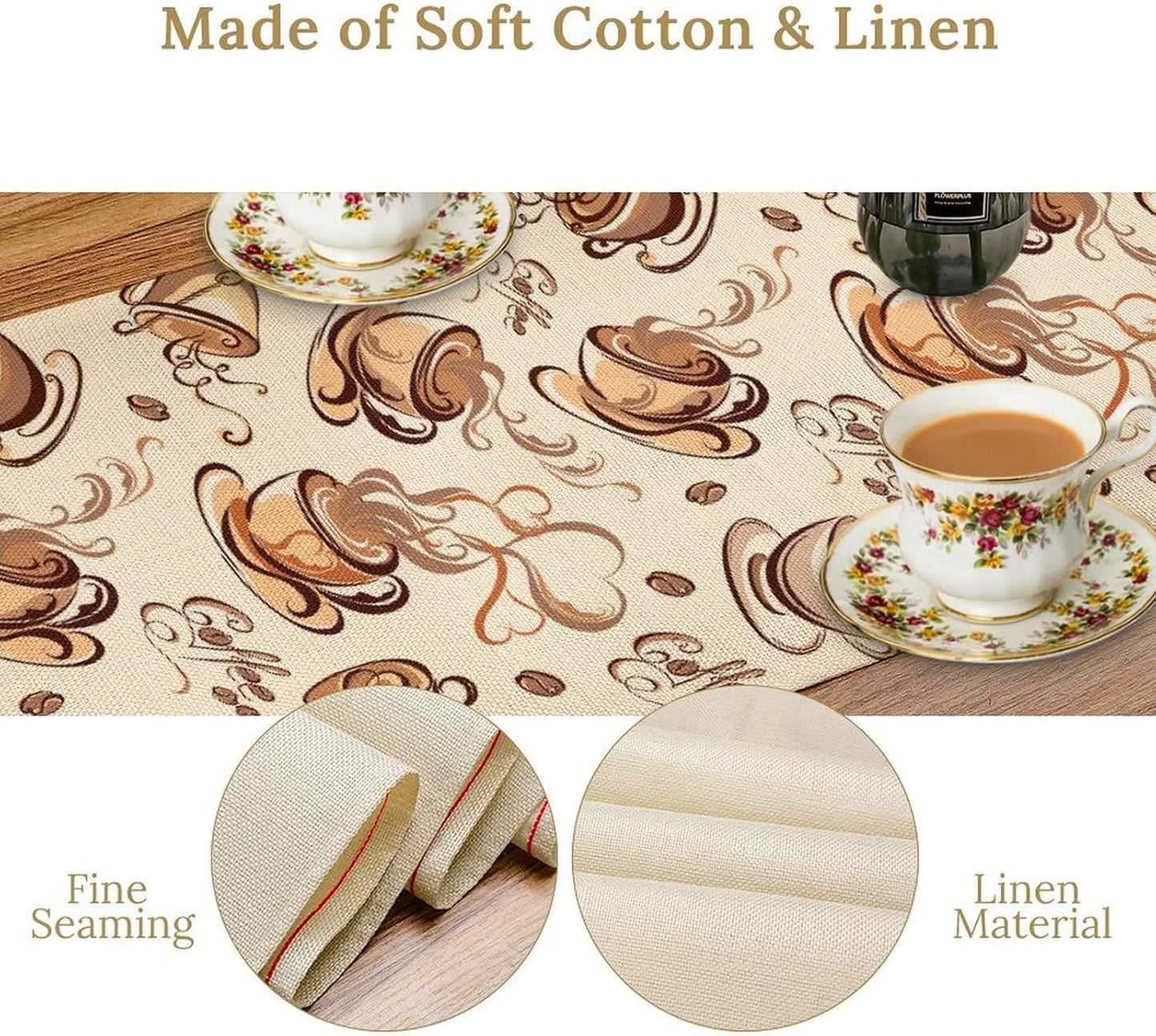 Coffee Time Table Runner, Farmhouse Retro Coffee Cup Tea Party Cafe Table Center Decor for Home Kitchen Dining Patio Holiday Party Indoor Outdoor Table Decorations,13"x36" Inch