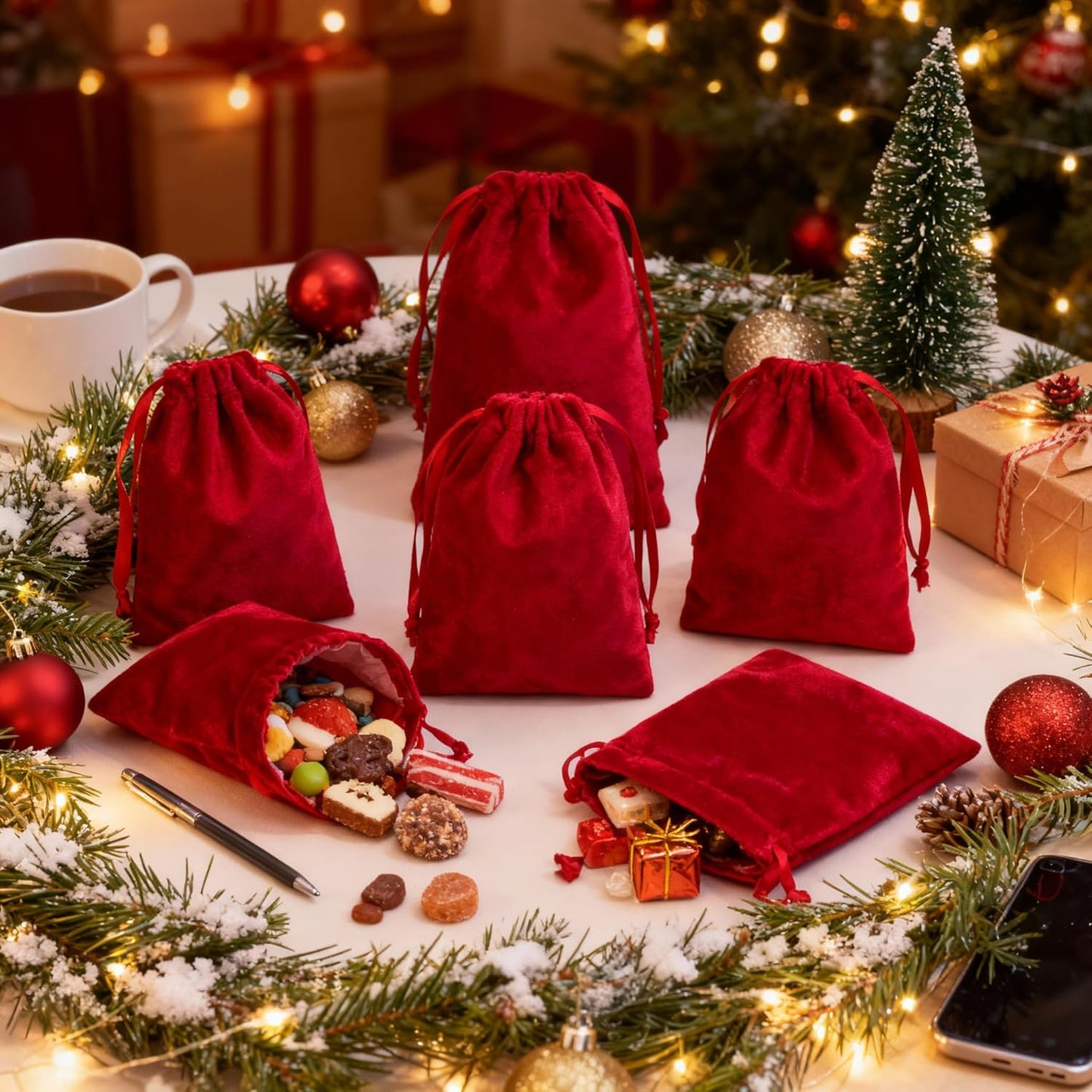 QIANF 12pcs Red Velvet Drawstring Bags 4x6 inches Velvet Cloth Small Gift Bags Jewelry Pouches for Storage Wedding Party Favor Christmas