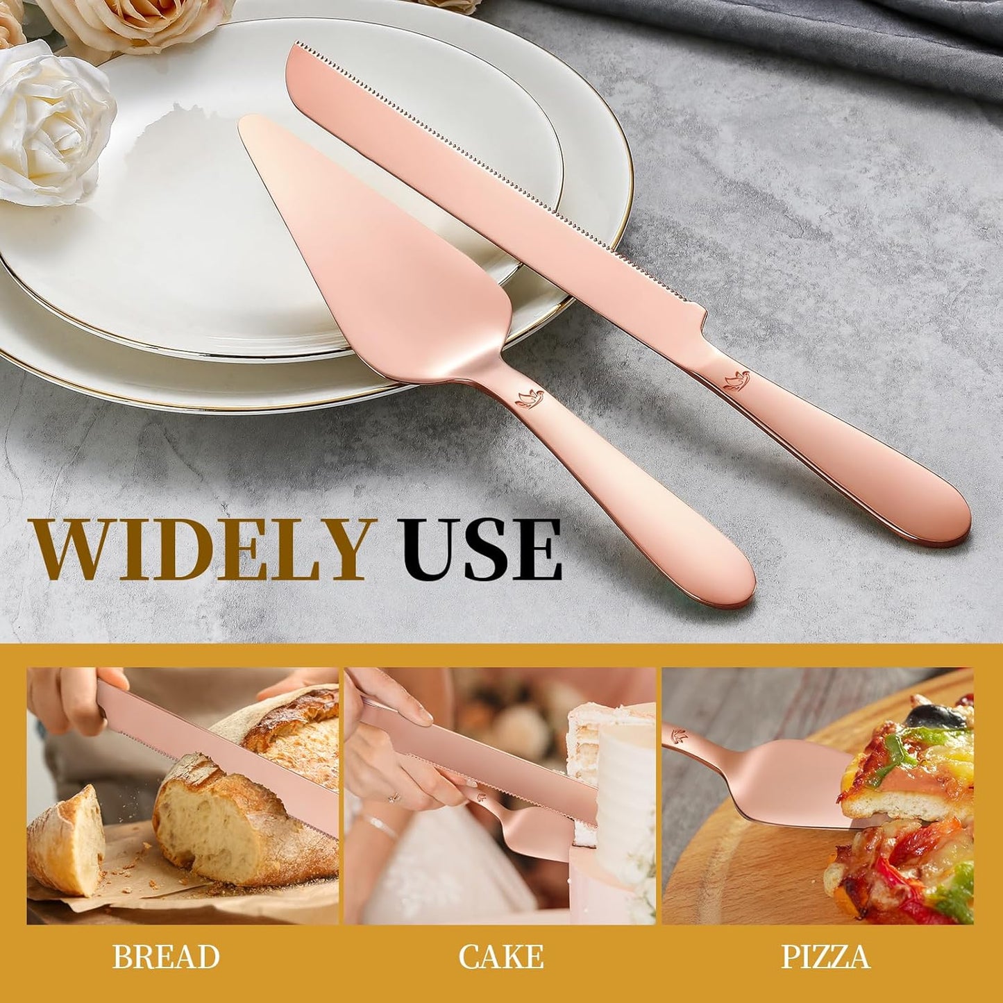 Cake Cutting Set for Wedding - Extended Cake Knife and Server Set Thickened Stainless Steel 13.0" Cake Cutter 10.49" Pie Spatula Great for Birthday Anniversary Christmas Gift 2 Pcs Rose Gold