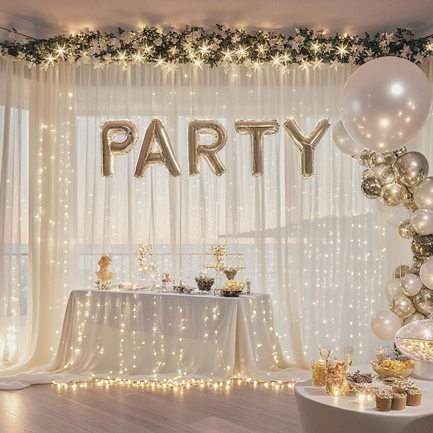 10×8ft Tulle Backdrop Curtains with Lights String - 300LED Fairy Lights Sheer Curtain Backdrop for Weddings Baby Shower and Birthday Party Decorations(8 Panels 5×8ft)