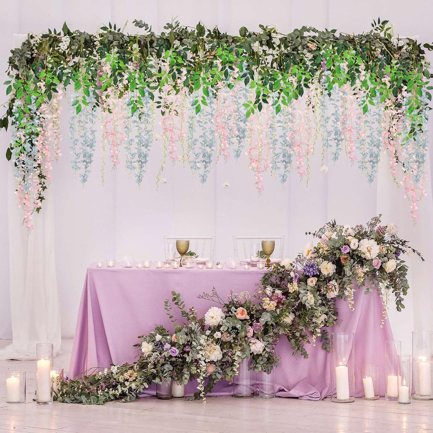 24 Pack Grey Wisteria Hanging Flowers Garland, 3.77 Feet Artificial Flower Vines, Fake Wisteria, Artificial Vines Hanging Garland for Backdrop Outdoor Yard Garden Decor