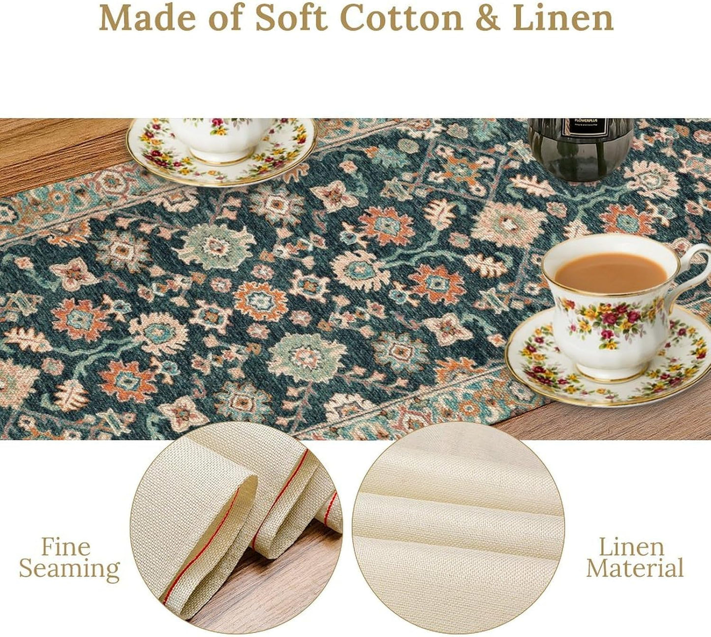 Vintage Boho Floral Table Runner, Rustic Country Farmhouse Blue Teal Red Bohemia Flower Pattern for Home Kitchen Table Decor Dining Coffee Room Party Decor 13x72in