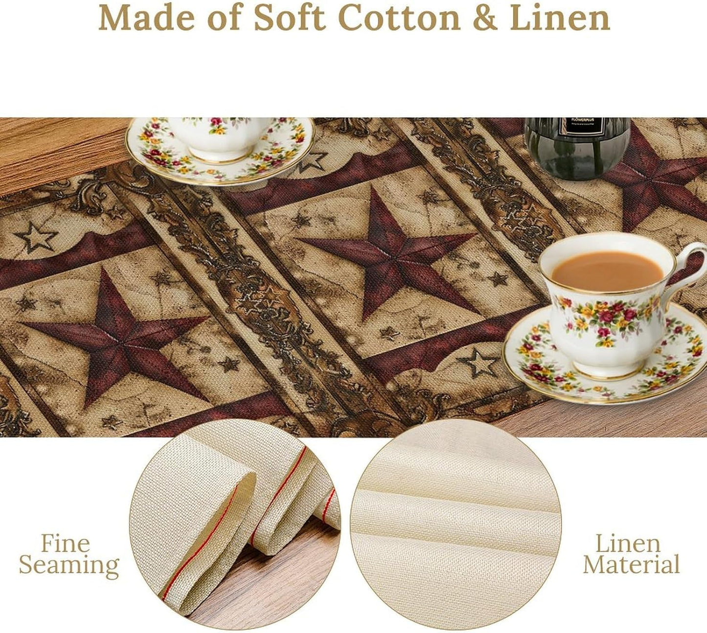 Wild West Table Runner, Rustic Farmhouse Texas Star Vintage Rodeo Cowboy Old Sign Wild West Print Pattern for Home Kitchen Table Decor Dining Coffee Room Garden Party Decor 13x108in