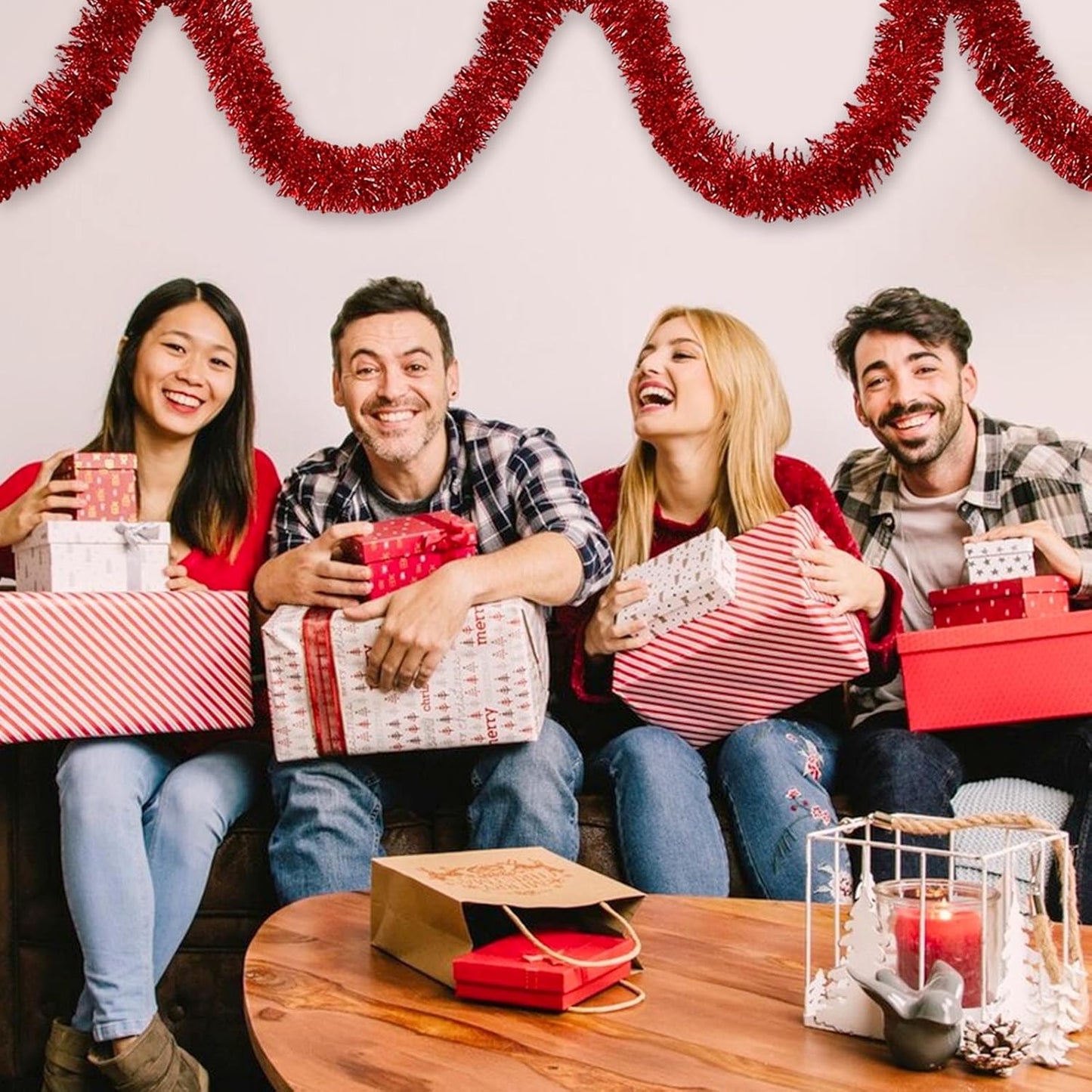 50 Feet Christmas Foil Fringe Banner Metallic Tassle Garland Metallic Backdrop Parade Floats Shiny Hanging Ceiling, Valentine's, Wedding, New Year Party Decorations(2" x 50', Red)