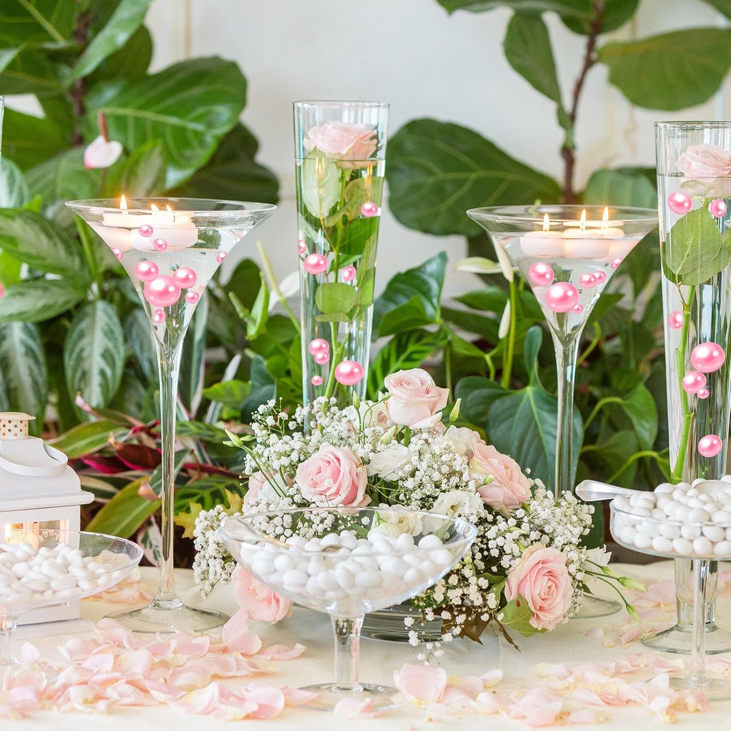 100PCS Pink Faux Pearls Beads for Centerpiece Vases, Vase Filler Faux Pearls, No Holes Filler Beads for Party Anniversary Valentine's Day Wedding Table Decor, 14/20/30mm