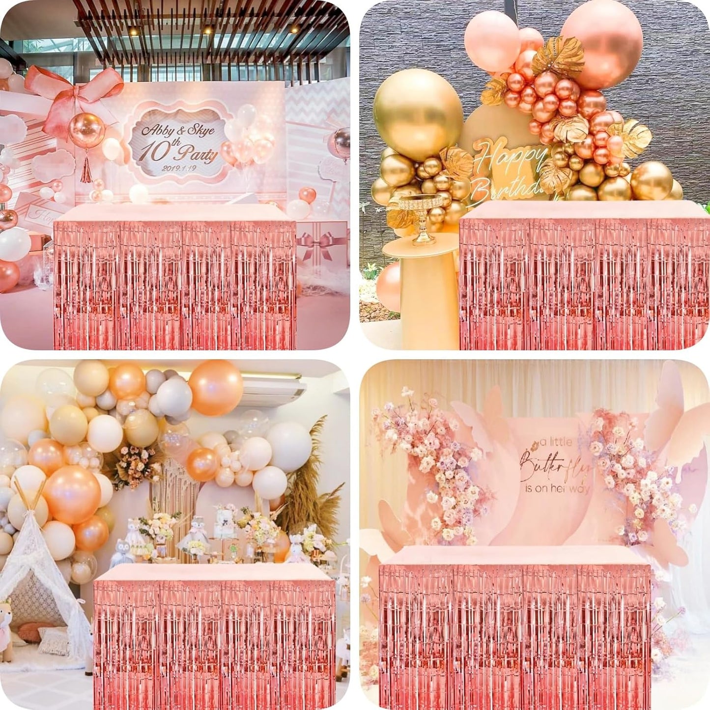 Rose Gold Streamers Party Decorations, 2 Packs Rose Gold Table Skirts Metallic Foil Fringe Tinsel for Bachelorette Birthday Wedding Graduation Float Parade Party Supplies - 29x108 Inch