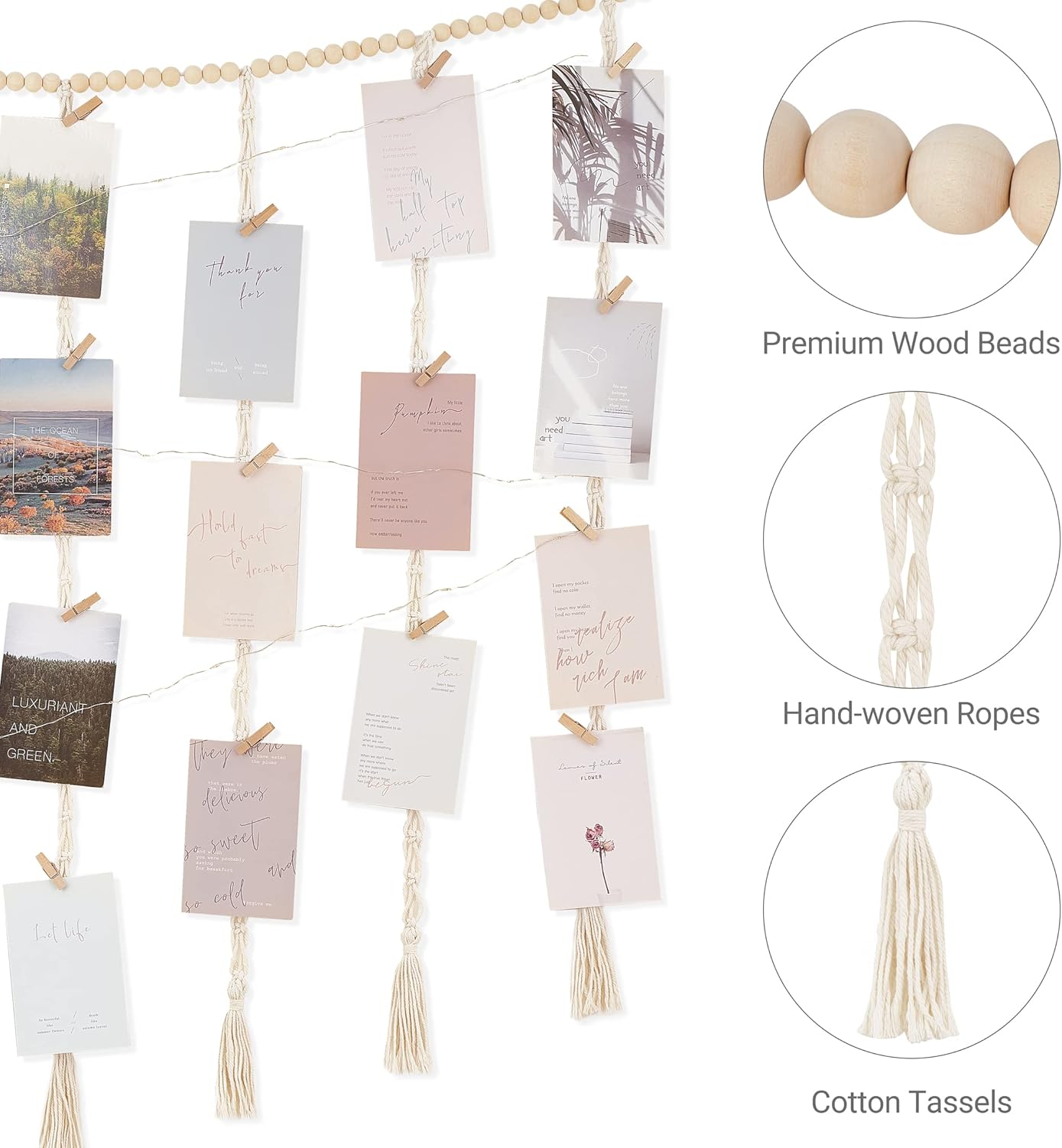 Mkono Macrame Hanging Photo Display Wall Decor with String Lights, Boho Wooden Beads Garland Collage Picture Card Frame Holder with 45 Clips for Bedroom Living Room Dorm, Teen Girls Christmas Gifts